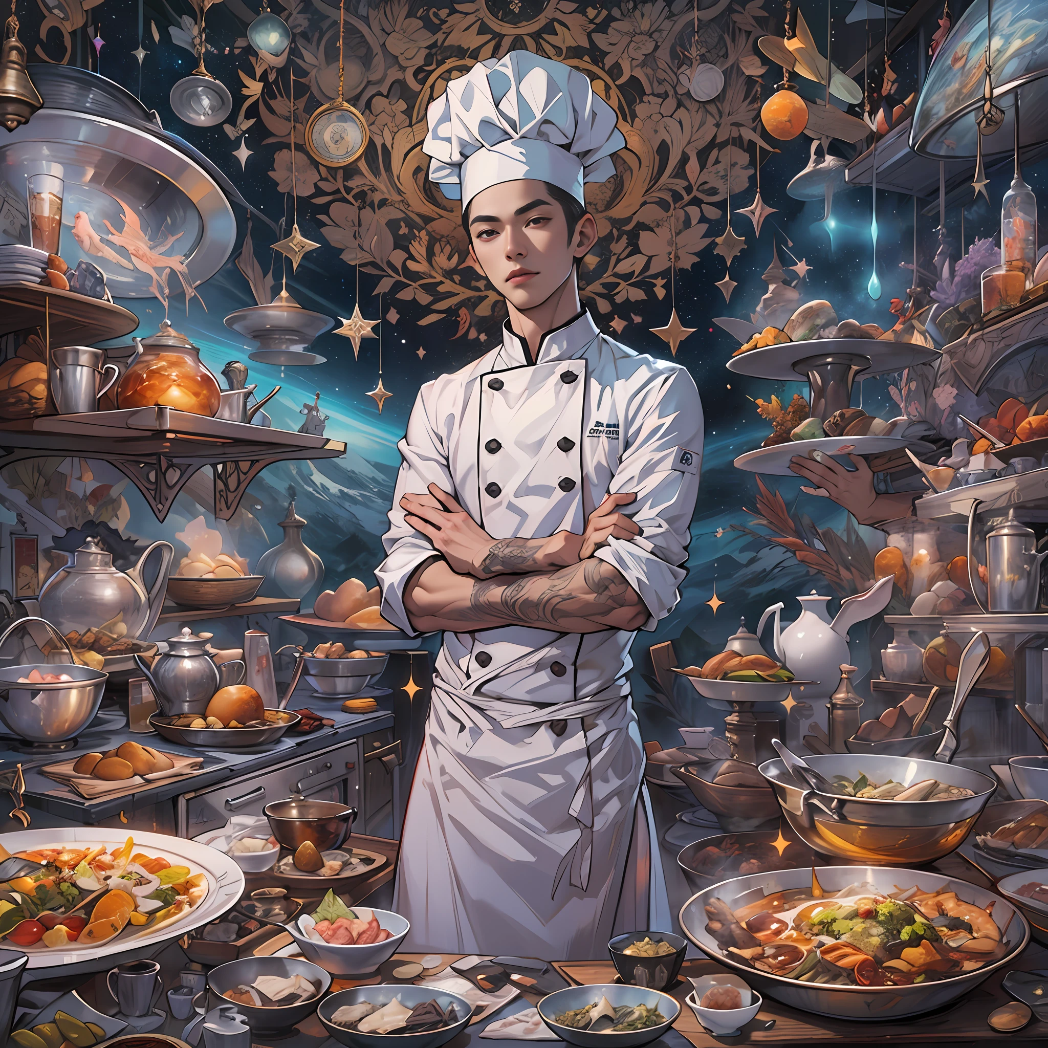 A tall and handsome young chef,Stand on the edge of the dream space, eyes glowing, Surreal scenes filled with symbols and patterns of various skills, ,in the style of the stars art group xing xing, 32K, Best quality, Masterpiece, Super detail, High details,