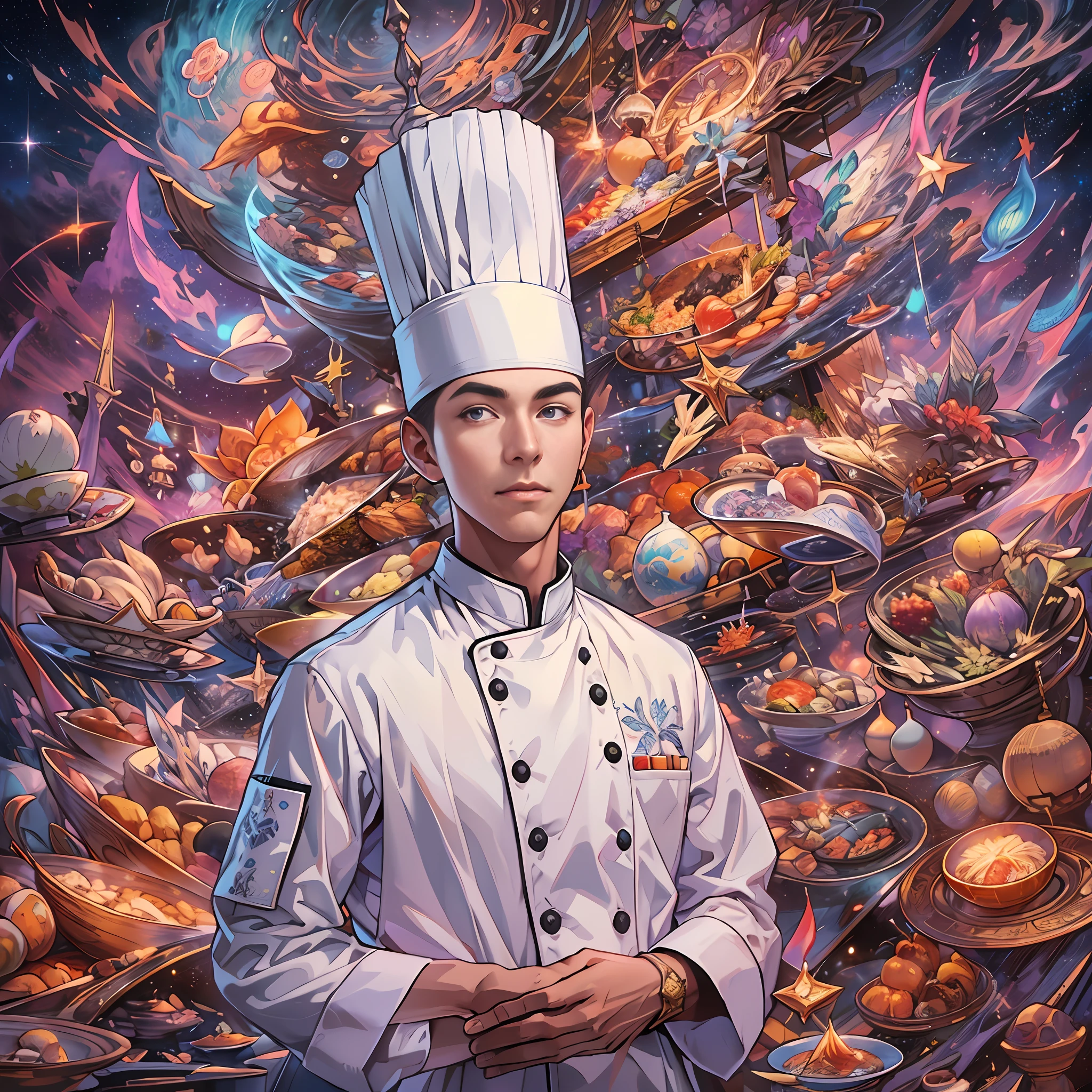 A tall and handsome young chef,Stand on the edge of the dream space, eyes glowing, Surreal scenes filled with symbols and patterns of various skills, ,in the style of the stars art group xing xing, 32K, Best quality, Masterpiece, Super detail, High details,