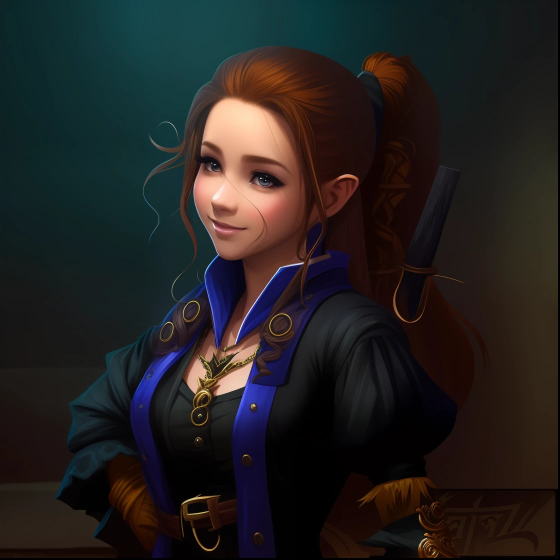 1 girl, brunete hair, corpo inteiro, roupas estilo vitoriano, orelhas elficas, fantasy rpg, black pant, blusa azul, jaqueta marrom, bolsa de couro de vaca, Escuro, Sombra, gothic, witch