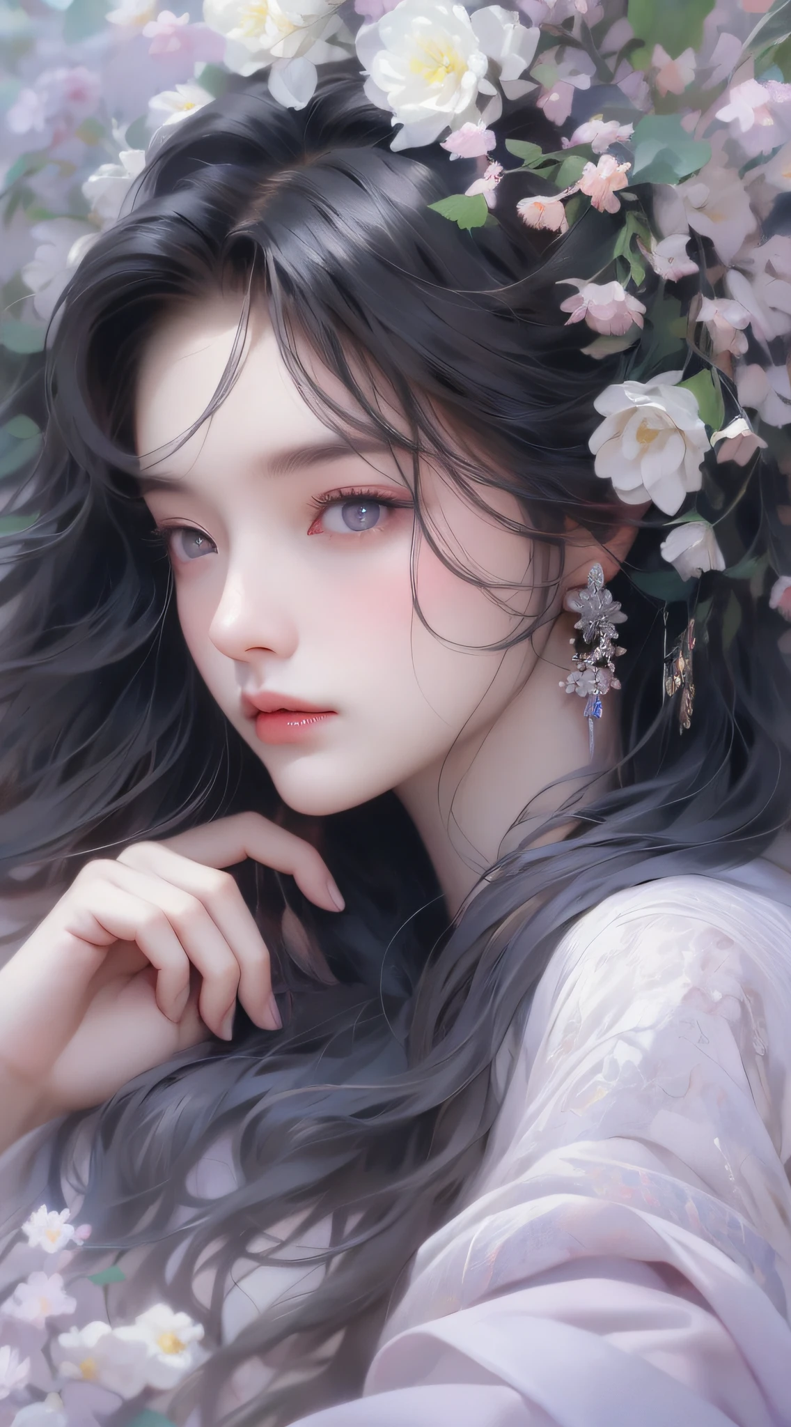 A woman with long black hair and a flower crown on her head - SeaArt AI