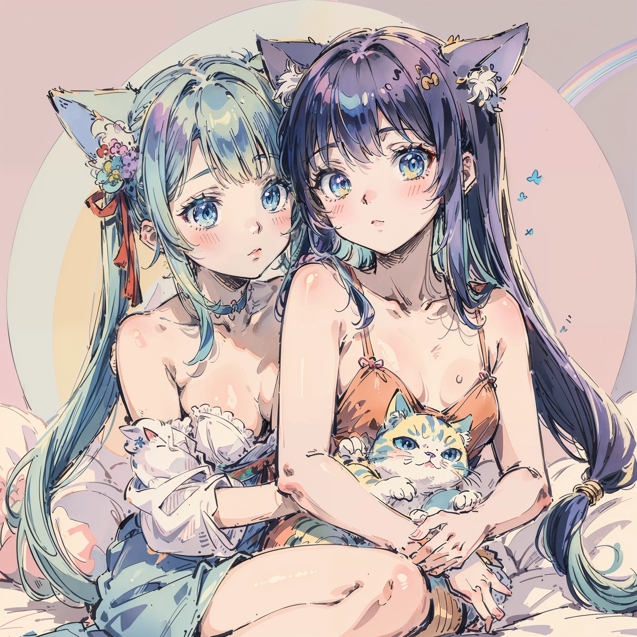 (Best quality1.2、masutepiece)、A stunning、Cute cat(cuddling)、kawaii、Blue hair(rainbow-colored hair)、(Twin-tailed)