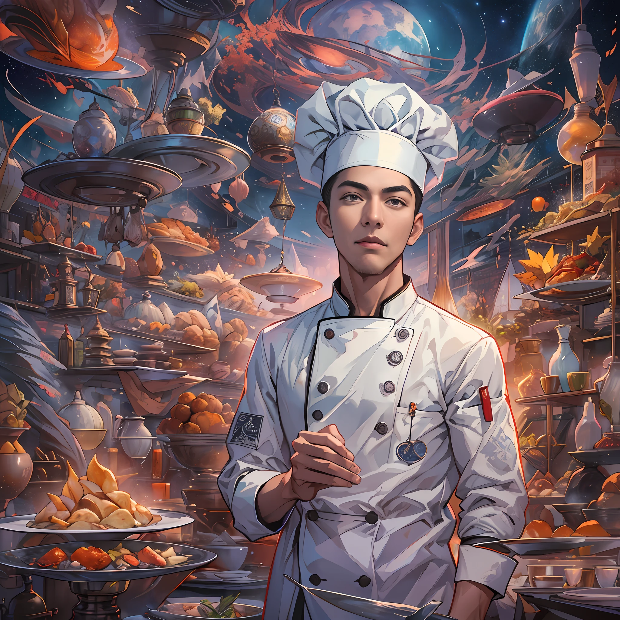 A tall and handsome young chef,Stand on the edge of the dream space, eyes glowing, Surreal scenes filled with symbols and patterns of various skills, ,in the style of the stars art group xing xing, 32K, Best quality, Masterpiece, Super detail, High details,