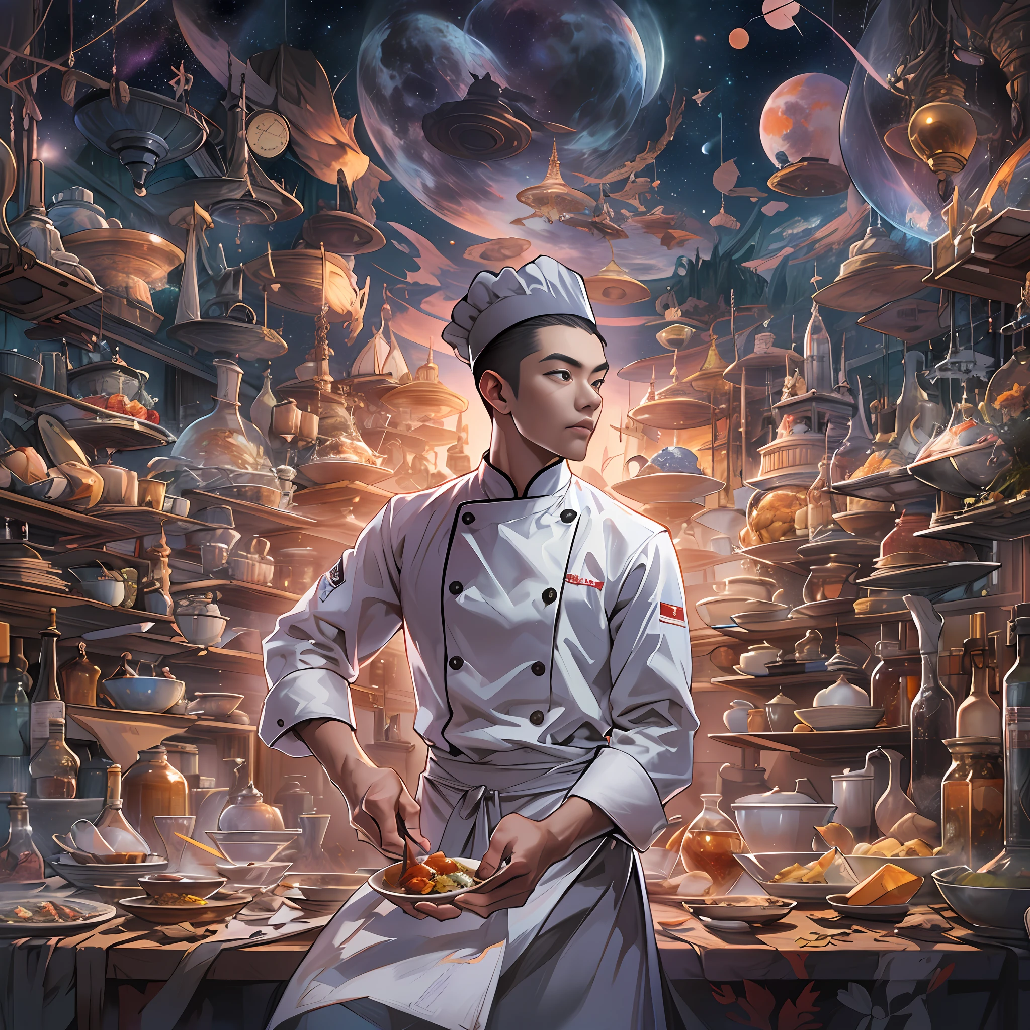 A tall and handsome young chef，Stand on the edge of the dream space, eyes glowing, Surreal scenes filled with symbols and patterns of various skills, ,in the style of the stars art group xing xing, 32K, Best quality, Masterpiece, Super detail, High details,