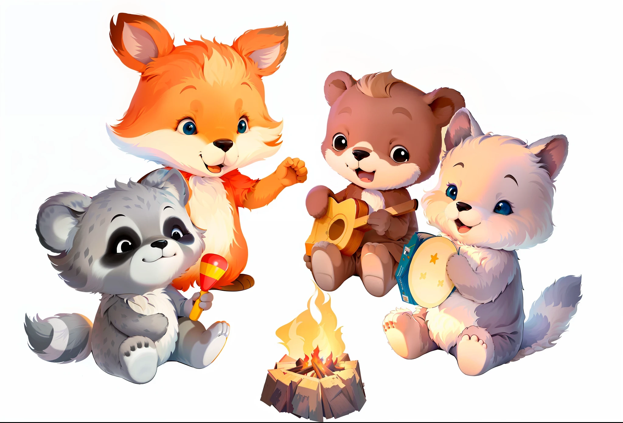 There are three cartoon animals that are sitting around a campfire, 3 bichos da floresta, Directed by: Hristofor Zhefarovich, Directed by: Silvia Dimitrova, Directed by: Eva Švankmajerová, illustration of children's books, illustration of children's books, illustration of children's books, childrens illustration, personagens bonitos, official illustration, Directed by: Aleksander Kotsis, Quatro ursos humanoides