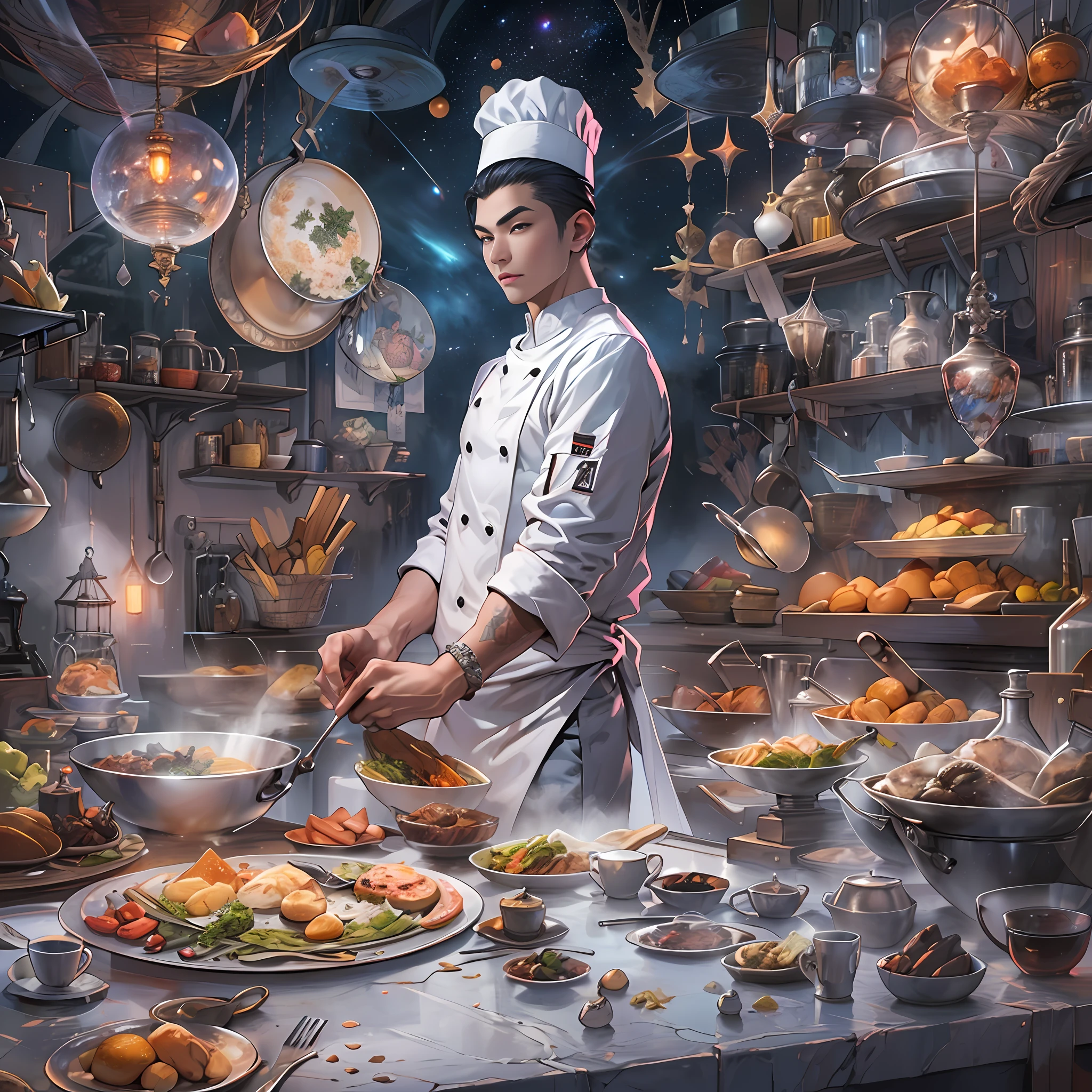 A tall and handsome young chef,Stand on the edge of the dream space, eyes glowing, Surreal scenes filled with symbols and patterns of various skills, ,in the style of the stars art group xing xing, 32K, Best quality, Masterpiece, Super detail, High details,