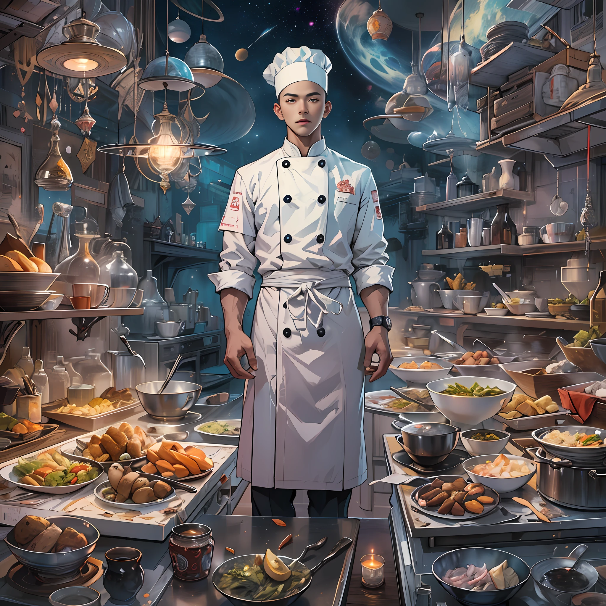 A tall and handsome young chef,Stand on the edge of the dream space, eyes glowing, Surreal scenes filled with symbols and patterns of various skills, ,in the style of the stars art group xing xing, 32K, Best quality, Masterpiece, Super detail, High details,