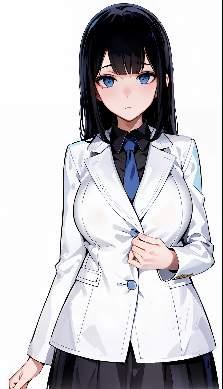 Anime girl in black skirt with white jacket and blue eyes, with white coat, wearing lab coat and a blouse, White coat, Hinata Hyuga, mayuri shiina from steins gate, wearing a lab coat, wearing lab coat, in a strict suit, wearing lab coat, in a strict suit, wearing white outfit, anime moe art style, White uniform