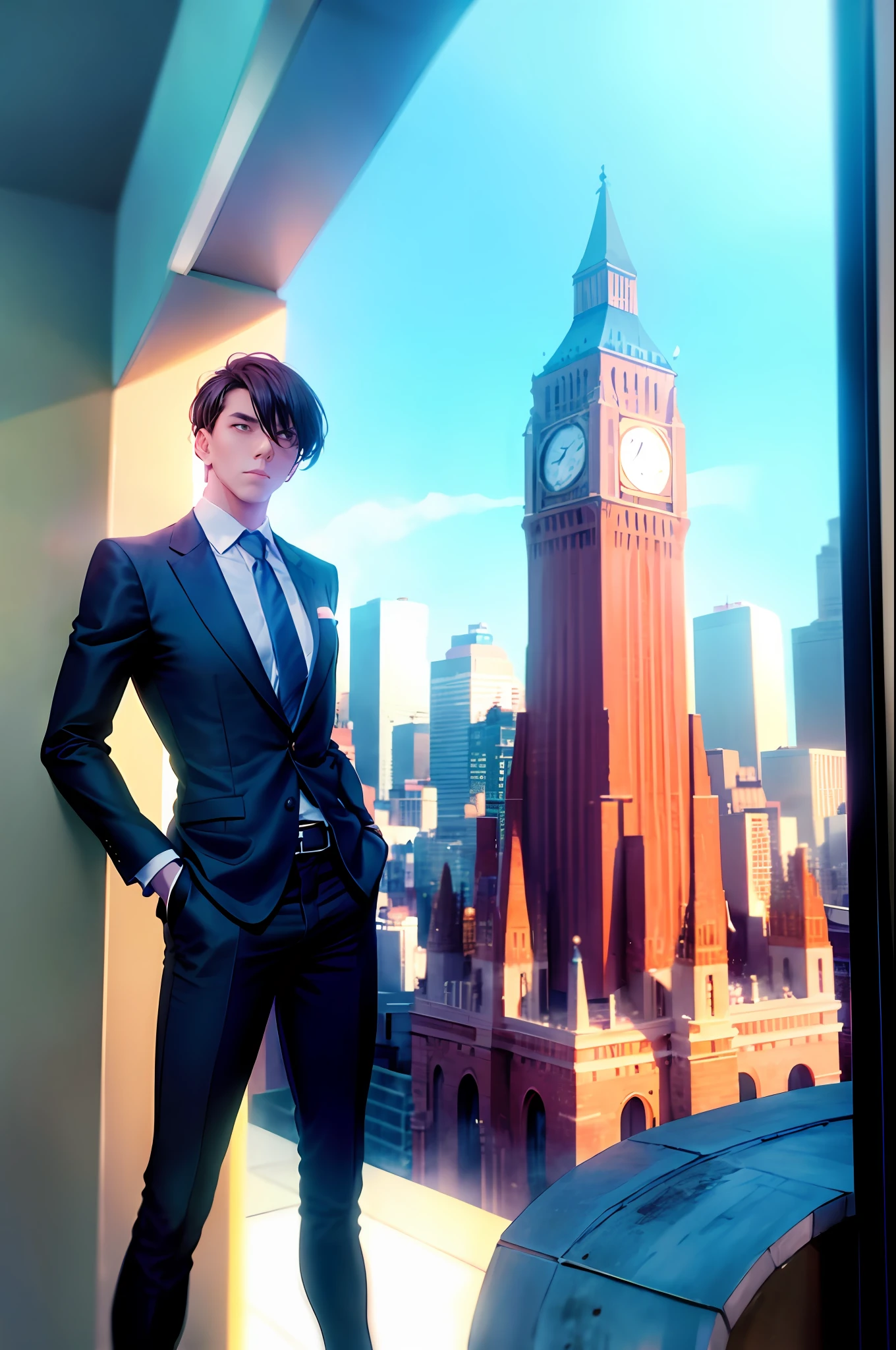 "A confident man standing tall amidst a bustling cityscape, with a hint of mystery in his captivating gaze."