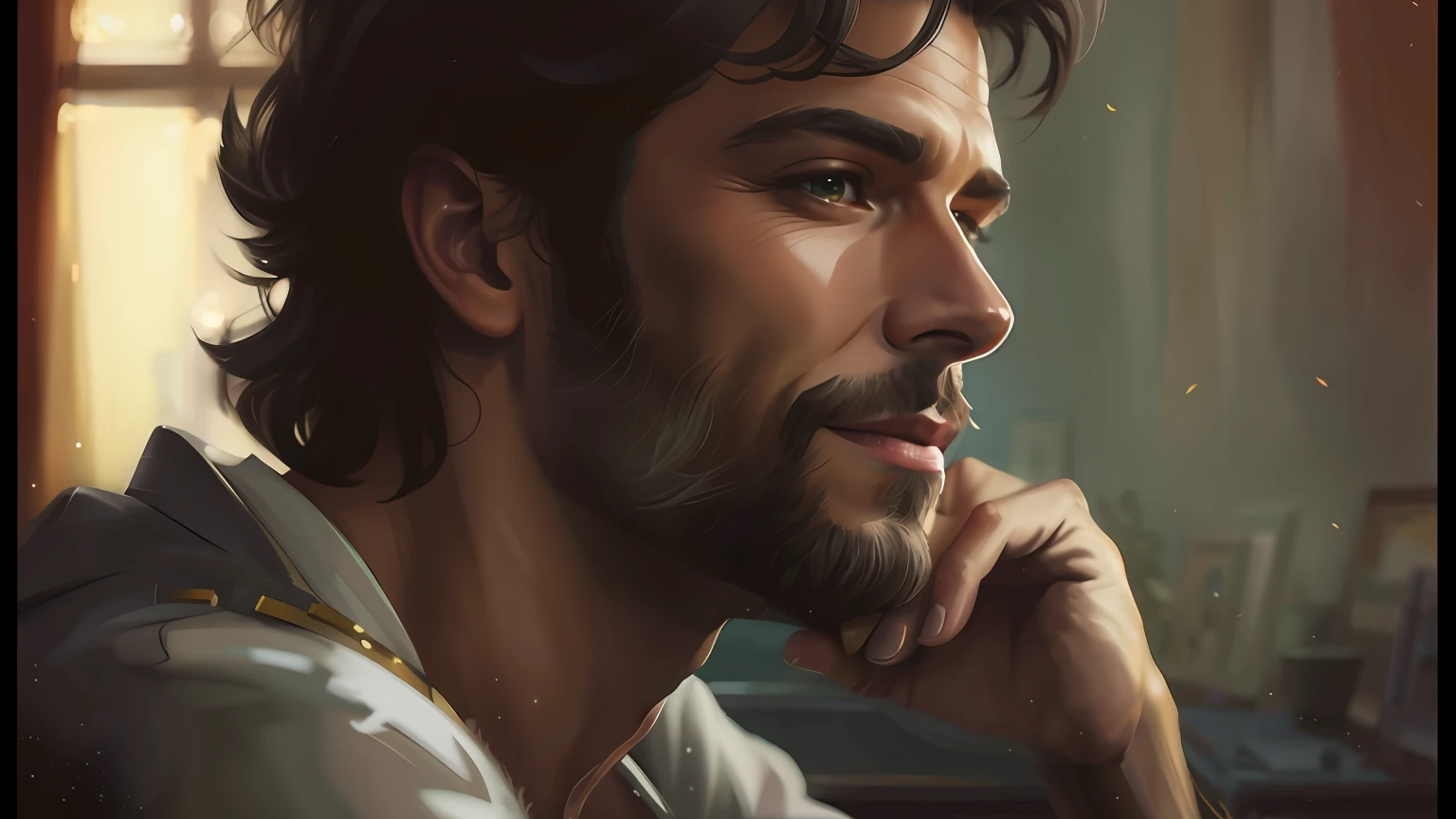 pintura de um homem com barba e camisa branca, pintura detalhada 4K, Pintura digital 4K, Pintura digital 4k, Arte digital realista 4K, Arte digital realista 4K, pintura digital 4k, Pintura digital 8k, Pintura Digital HD, 8k resolution digital painting, 8k resolution digital painting, fantasy art smug smile man, pintura de personagem bonita