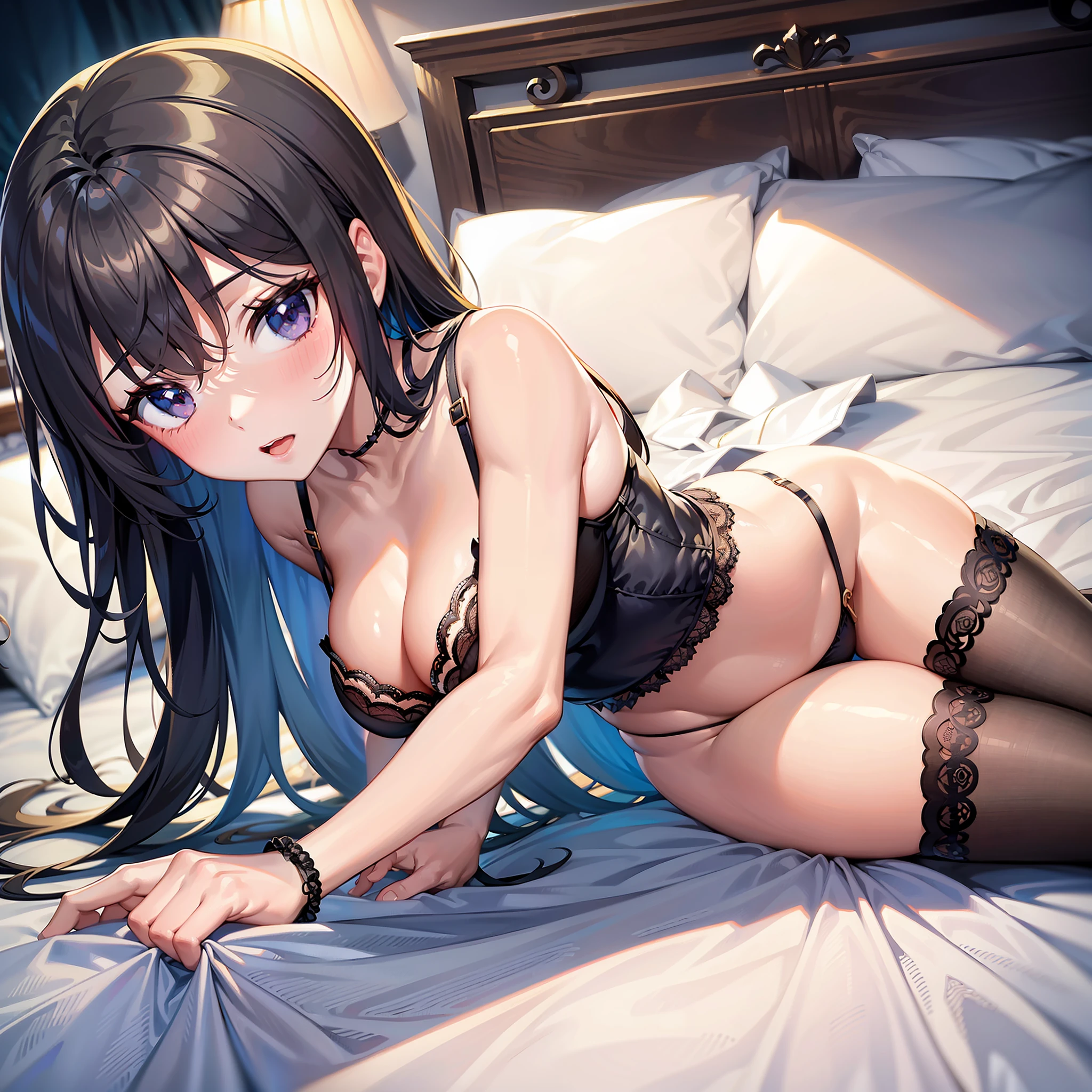 1girll,Childlike big breasts,(nedium breasts:heads=3:1)Lace lingerie big breasts,Lie down in bed,bit girl,Lori huge breasts cleavage,A coquettish expression,Extremely large breasts,Small loli,black lence stockings,pyjamas,blacksilk,ankle bracelets