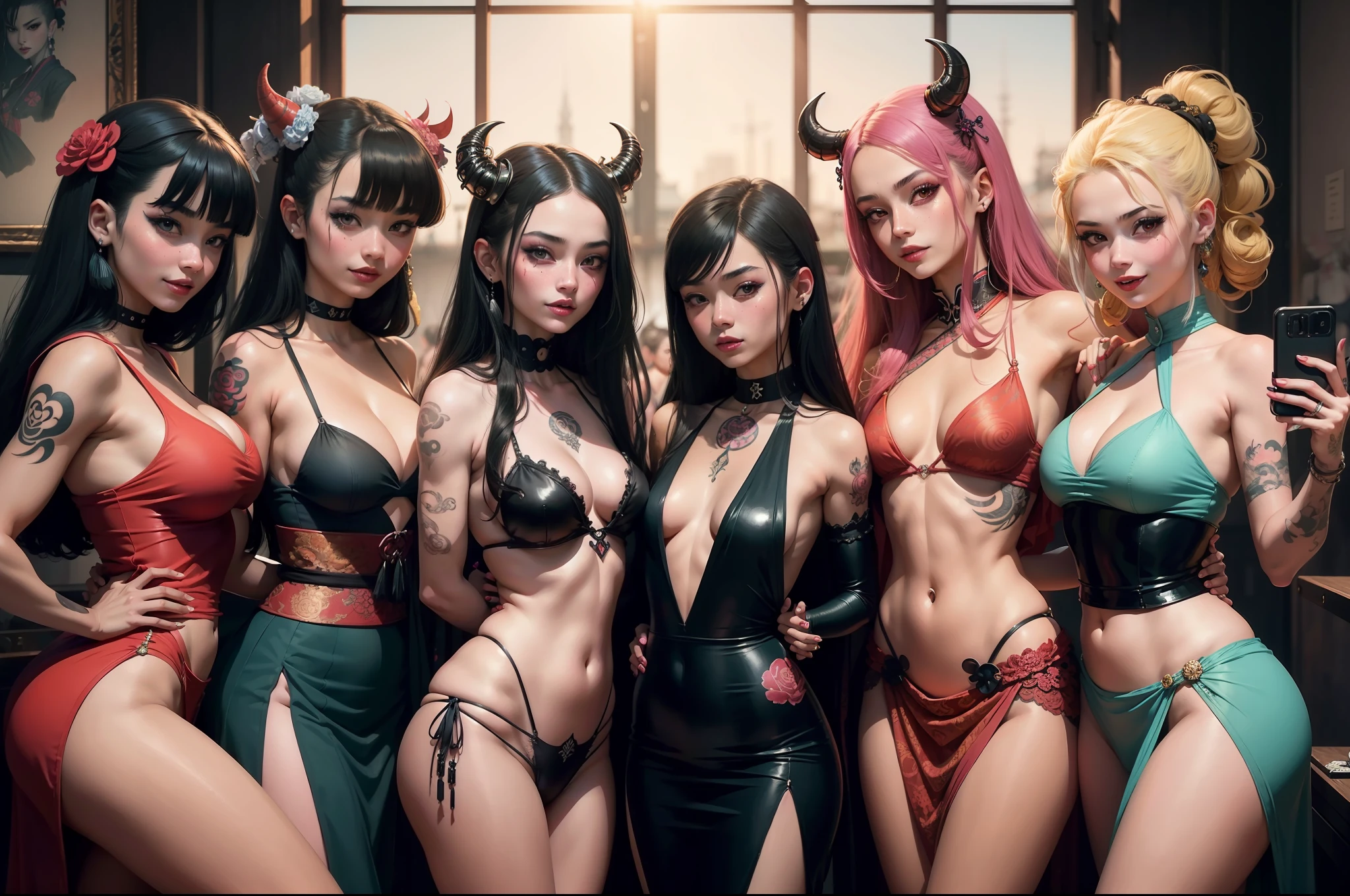 Prety-punk-rococo-tattoo-womandemon-ukiyo-e art world. A group of 7 demon girls taking a selfie. They are of Spanish origin, They are young and beautiful. Vestida de una manera moderna con muchos accesorios. They are smiling and very happy