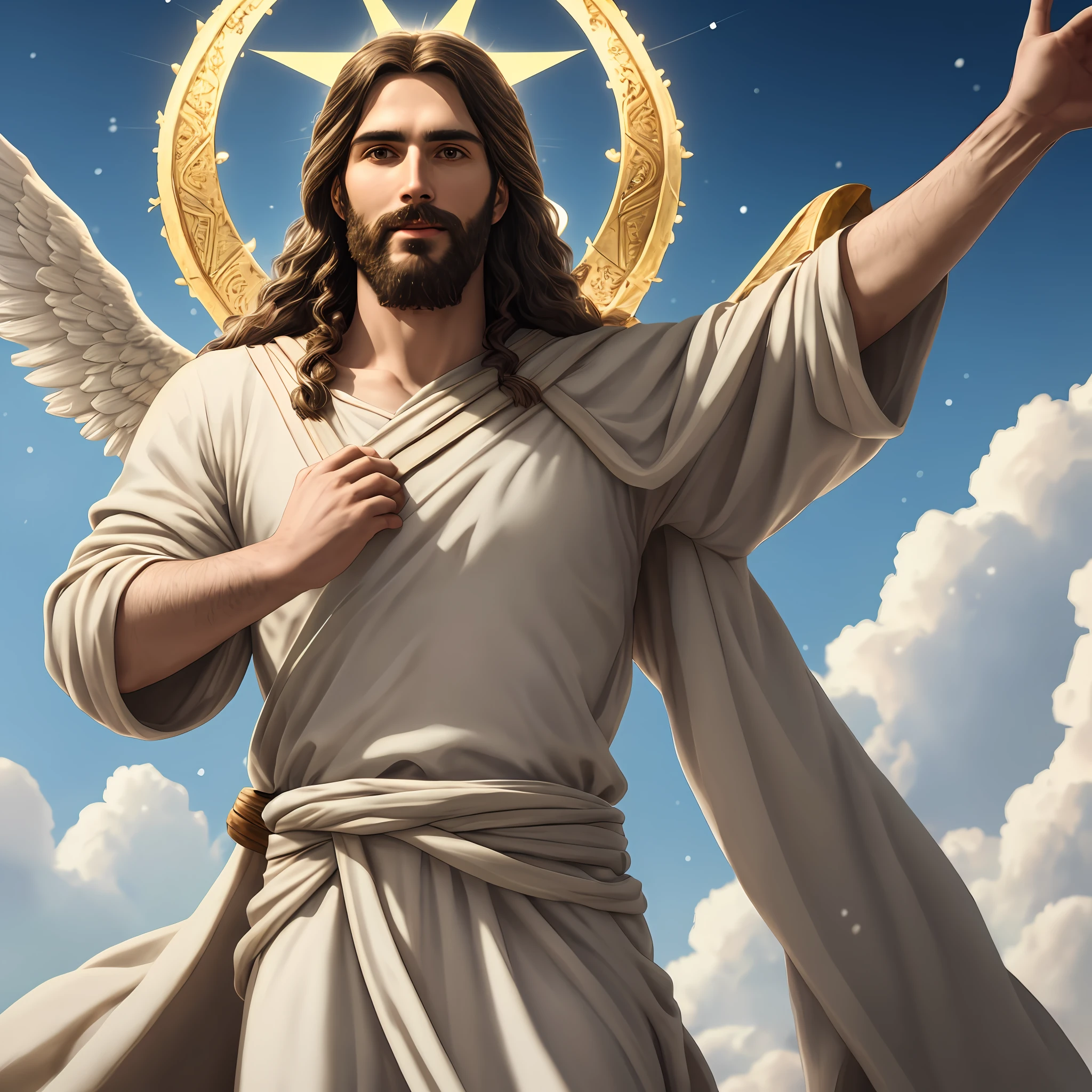 Jesus second coming in the heavens, ( Realistic) age 35 old years, Cross crown, a tunic and a golden breastplate, hair as brown as snow, bluperfect real blue eyes, eyes as flames of fire, feet as refined bronze in the furnace, light smile, Surrealism, backlighting, cinematic lighting, high quality, high details, 8K 3D best quality,Real Jesus flying on sky with a flying cloud in the background, Jesus walking on water, biblical illustration, epic biblical representation, forcing him to flee, coming out of the ocean, ! holding in hand!, disembarking, god of the ocean, beautiful representation, 8k 3D Model, realistic,
a 3D Realistic of jesus with a halo in the sky, jesus christ, smiling in heaven, portrait of jesus christ, jesus face, 35 young almighty god, portrait of a heavenly god, greg olsen, gigachad jesus, jesus of nazareth, jesus, the face of god, god looking at me, he is greeting you warmly, he is happy, avatar image