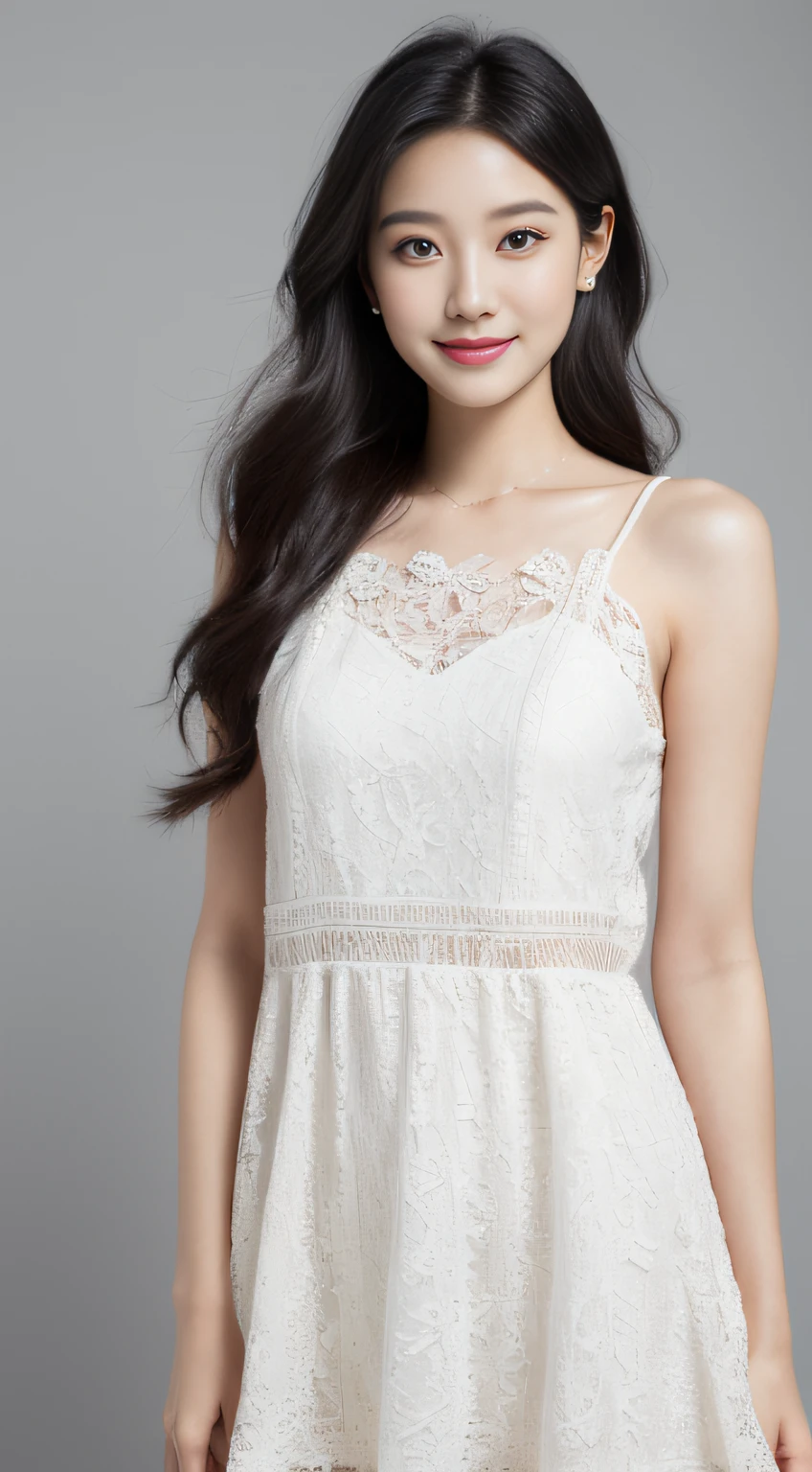(Best quality, 8K, masterpiece:1.3)) , (one person: 1.4), 1girl, a Korean woman, a goddess, 25 years old, portrait photography, high contrast, God perspective, aperture F1.2, focal length 24mm, ( Full body: 1.2), smile, pose for photos, fine lace, slip dress, simple cut dress, brand dress, simple cut, long black hair, hair tied up, super detailed skin details, detailed fabric texture