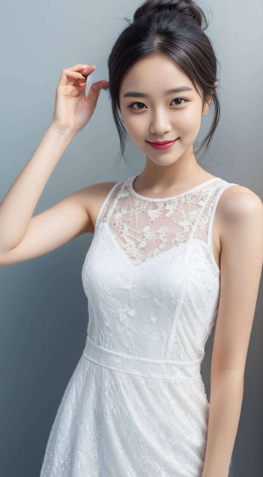 (Best quality, 8K, masterpiece:1.3)) , (one person: 1.4), 1girl, a Korean woman, a goddess, 25 years old, portrait photography, high contrast, God perspective, aperture F1.2, focal length 24mm, ( Full body: 1.2), smile, pose for photos, fine lace, slip dress, simple cut dress, brand dress, simple cut, long black hair, hair tied up, super detailed skin details, detailed fabric texture