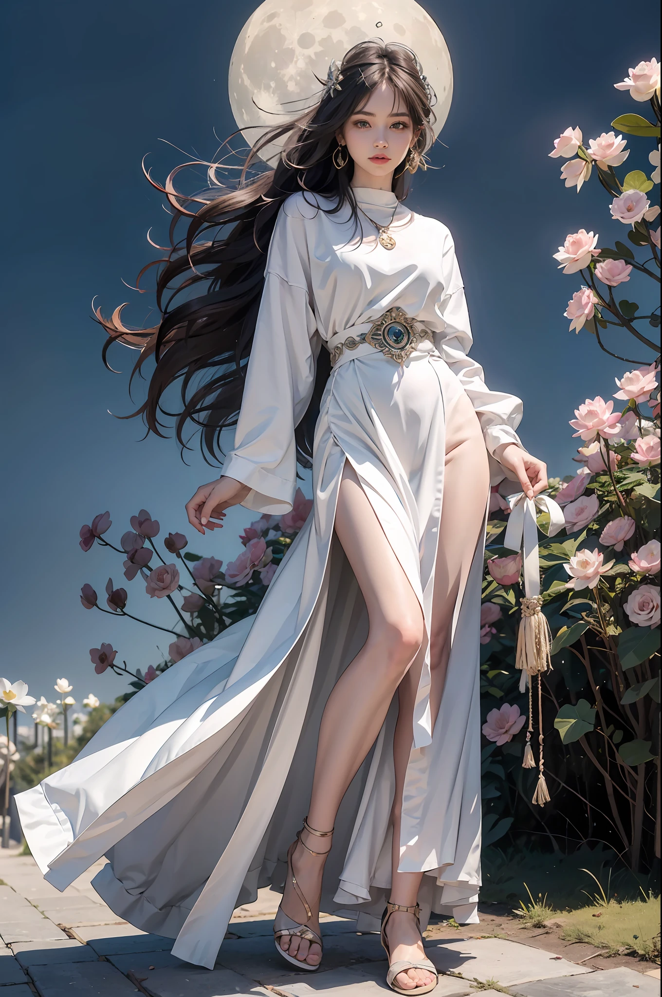 A girl in a long dress,Solid white, Moon, Lotus in bloom,long whitr hair,beauitful face,Elaborate Eyes,looking toward the viewer,Full body photo,7 points,tmasterpiece,HighestQuali,Works of masters,Impeccably clean,Burly girl,Perfect lighting,