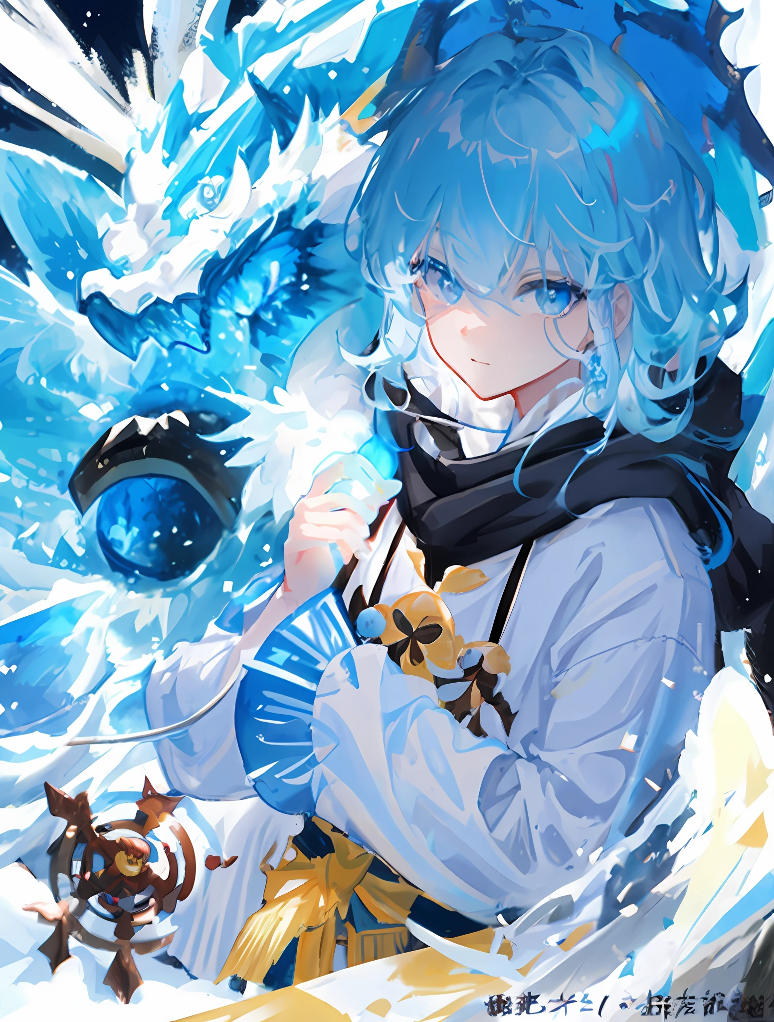 Masterpiece, Best quality, Masterpiece,Best quality,offcial art,Extremely detailed Cg Unity 8K wallpaper, Light blue hair, intense shading, Huge_filesize, the wallpaper, Boy, Medium hair, White hair, long eyelasher, Beautiful detailed eyes, Expressionless, fake smile, Scowl,Snow-white eyes mixed with light blue,cerulean,snow white hair,storming,water fog,drippy,Bright,Chinese dragon made of water,Clothes that are mainly white,boy,Non-female,Handsome and cute,higher details,Serious,Lots of detail,The clothes are mainly snow-white,