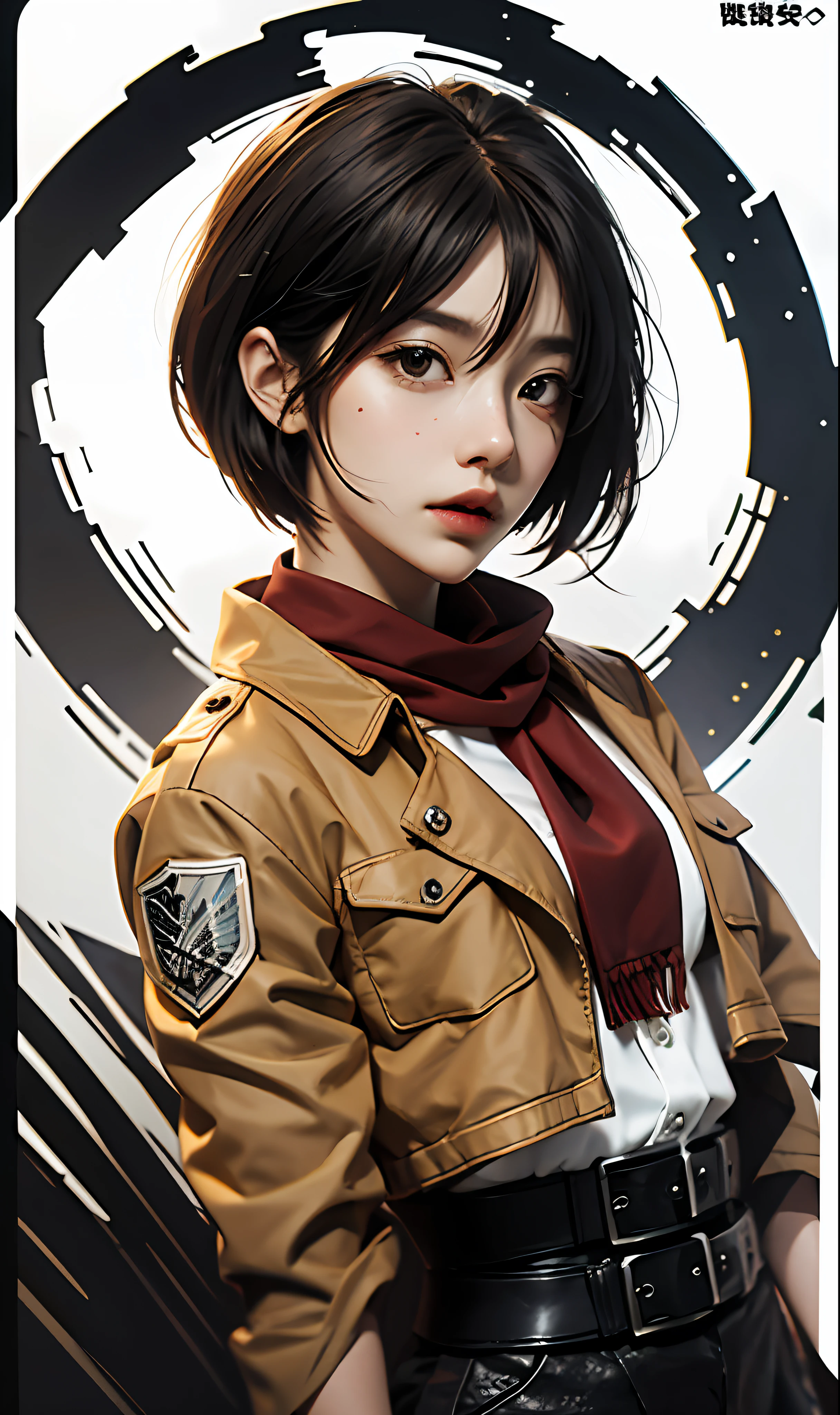 very highly detailed background, mikasa ackerman, shingeki no kyojin, 1girll, By bangs, obi strip, belt buckle, 黑The eye, Black hair, Brown belt, Brown jacket, Buckle, Formal shirts, Hair between both eyes, jaket, longer sleeves, Medium hair, Open your clothes，Open the jacket，Keep one's mouth shut，Heaven uniform，red neckchief，围巾，The shirt，solo person，standing on your feet，short detailed hair，Harnes，Three-dimensional electric equipment，White background，white  shirt，wing collar，（（tmasterpiece）），