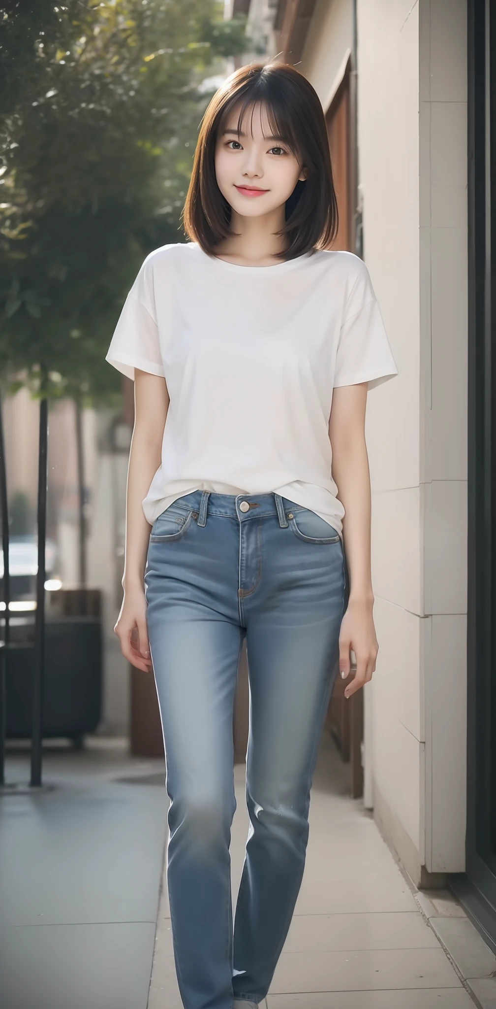 Zhu Ai_Villas,RAW photos,Brand photos,(highdetailskin:1.2),8k ultra high definition,digital SLR camera,gentlesoftlighting,high high quality,filmgrain,富士XT3,20 years old Asian woman,Wear simple clothes,T-shirt and skinny jeans,Detailed clothing details:1.3,perfect body figure,Slim legs,Super detailed facial details and skin,Fair and tender face and skin,二重まぶた,Super detailed eyes,taking a full body photo