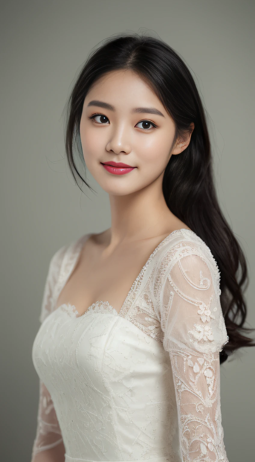 (Best quality, 8K, masterpiece:1.3)) , (one person: 1.4), 1girl, a Korean woman, a goddess, 25 years old, portrait photography, high contrast, God perspective, aperture F1.2, focal length 24mm, ( Full body: 1.2), smile, pose for photos, fine lace, slip dress, simple cut dress, brand dress, simple cut, long black hair, hair tied up, super detailed skin details, detailed fabric texture