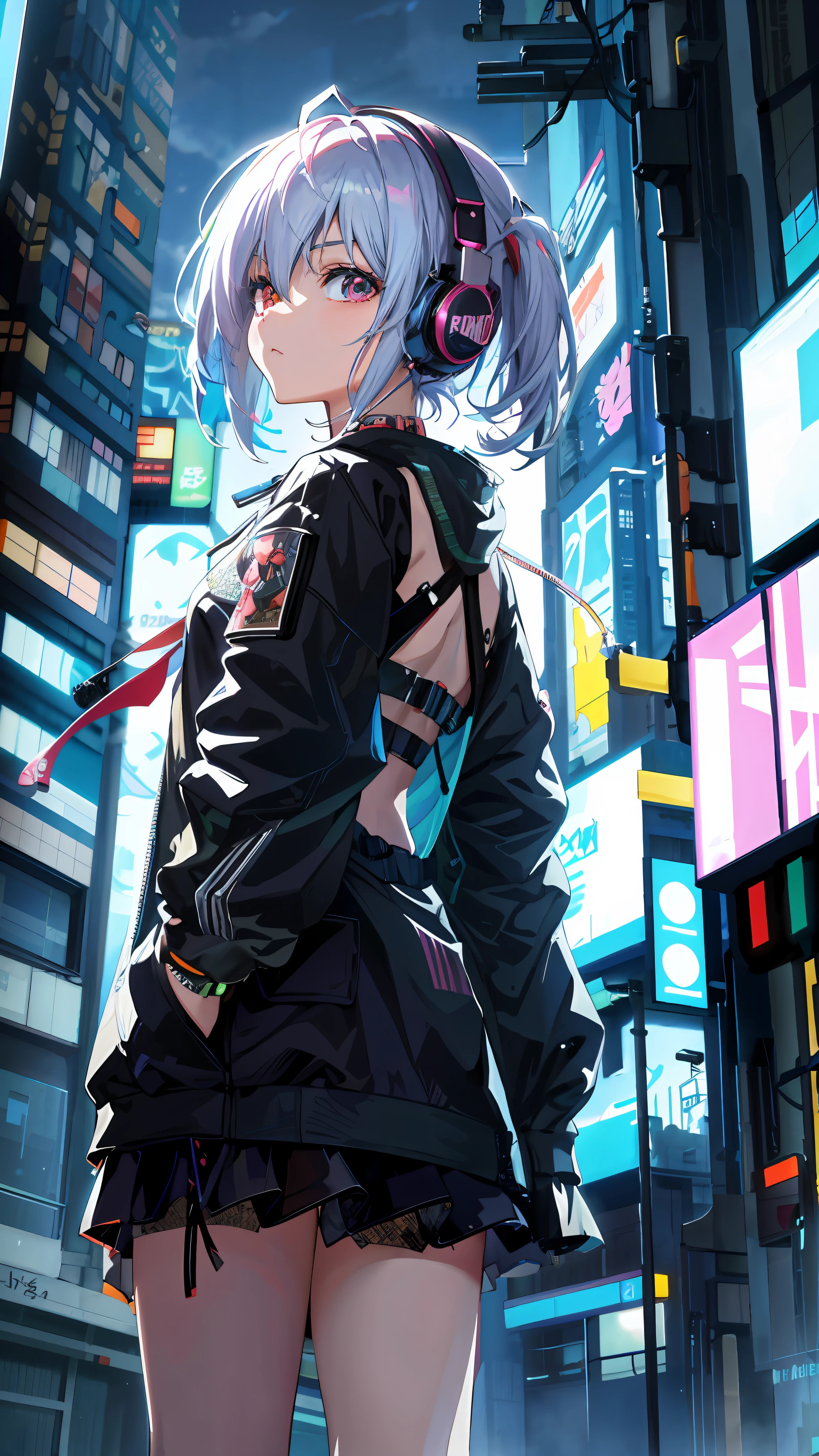Anime girl with headphones standing in the middle of the city, Best anime 4k konachan wallpaper, style of anime4 K, cyberpunk anime girl, Digital cyberpunk anime art, 4K anime wallpaper, cyberpunk anime girl in hoodie, Anime art wallpaper 8 K, Anime wallpaper 4K, Anime wallpaper 4 k, Badass anime 8 K, Anime art wallpaper 4k