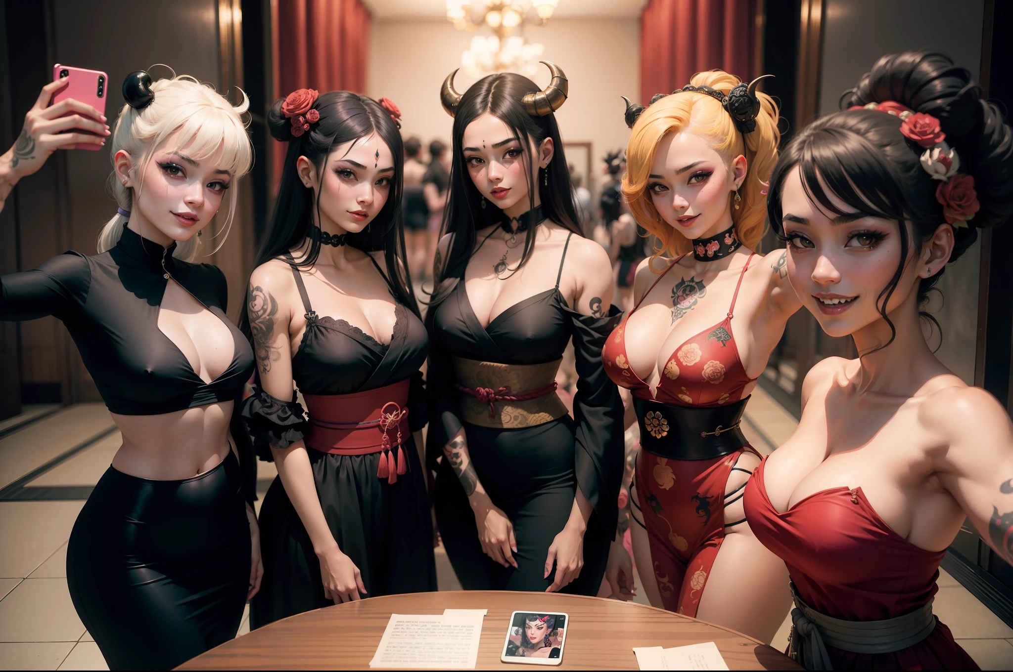 Prety-punk-rococo-tattoo-womandemon-ukiyo-e art world. A group of 7 demon girls taking a selfie. They are of Spanish origin, They are young and beautiful. Vestida de una manera moderna con muchos accesorios. They are smiling and very happy