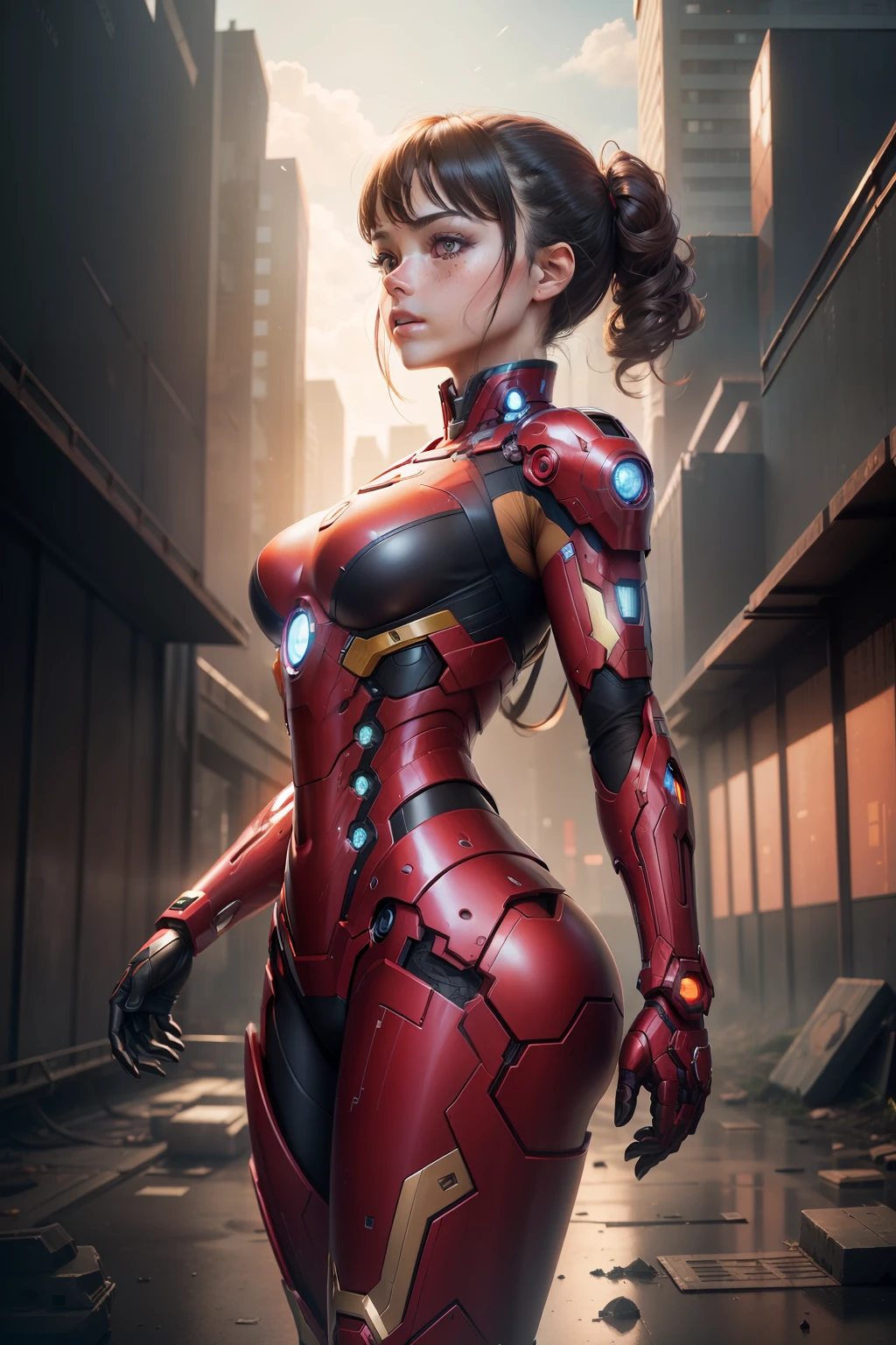 (1girl:1.3), solo,__body-parts__, official art, unity 8k wallpaper, ultra detailed, beautiful and aesthetic, beautiful, masterpiece, best quality, RAW, masterpiece, super fine photo,, best quality, super high Resolution, photorealistic, sunlight, full body portrait, stunningly beautiful,, dynamic pose, delicate face, vibrant eyes, (side view), she is wearing a futuristic Iron Man mech, red and gold, Highly detailed abandoned warehouse background, detailed face, detailed complex busy background, messy, gorgeous, milky, high detailed skin, realistic skin details, visible pores, sharp focus, volumetric fog, 8k uhd, dslr camera, High quality, film grain, fair skin, photorealism, lomography, sprawling metropolis in a futuristic dystopia, view from below, translucent
