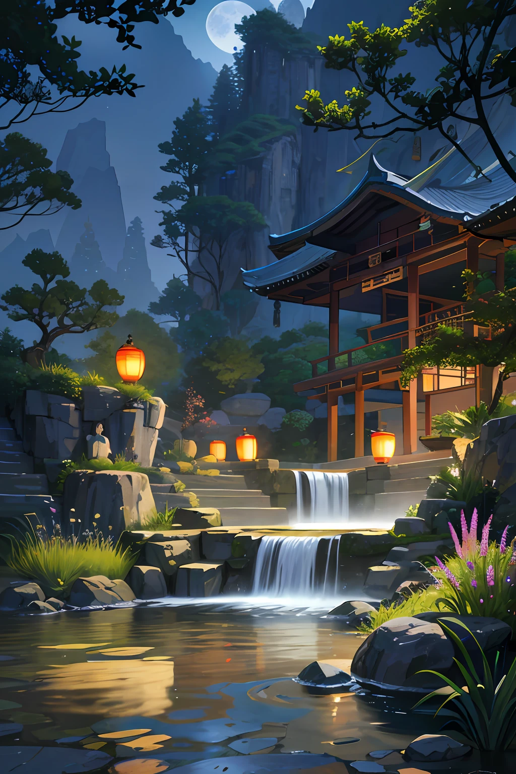 Ancient Chinese architecture, moon, night, garden, bamboo, lake, stone bridge, rockery, arch, corner, rockery, tree, running water, landscape, outdoor, waterfall, grass, rock, water lily, hot spring, water vapor, (Illustration: 1.0 ), Epic Composition, Realistic Lighting, HD Details, Masterpiece, Best Quality, (Very Detailed CG Unity 8k Wallpaper), (Best Quality)