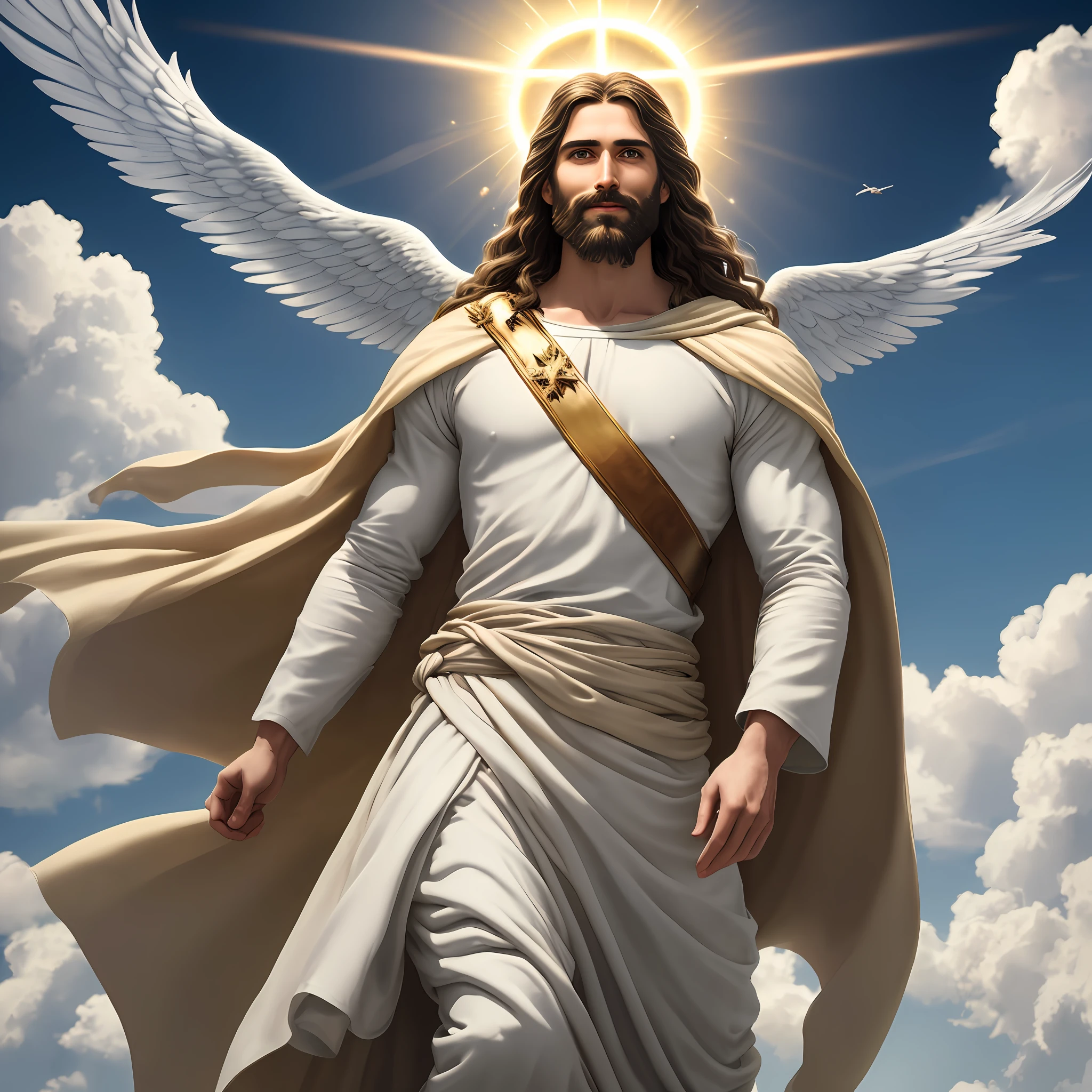 Jesus second coming in the heavens, ( Realistic) age 35 old years, Cross crown, a tunic and a golden breastplate, hair as brown as snow, bluperfect real blue eyes, eyes as flames of fire, feet as refined bronze in the furnace, light smile, Surrealism, backlighting, cinematic lighting, high quality, high details, 8K 3D best quality,Real Jesus flying on sky with a flying cloud in the background, Jesus walking on water, biblical illustration, epic biblical representation, forcing him to flee, coming out of the ocean, ! holding in hand!, disembarking, god of the ocean, beautiful representation, 8k 3D Model, realistic,
a 3D Realistic of jesus with a halo in the sky, jesus christ, smiling in heaven, portrait of jesus christ, jesus face, 35 young almighty god, portrait of a heavenly god, greg olsen, gigachad jesus, jesus of nazareth, jesus, the face of god, god looking at me, he is greeting you warmly, he is happy, avatar image