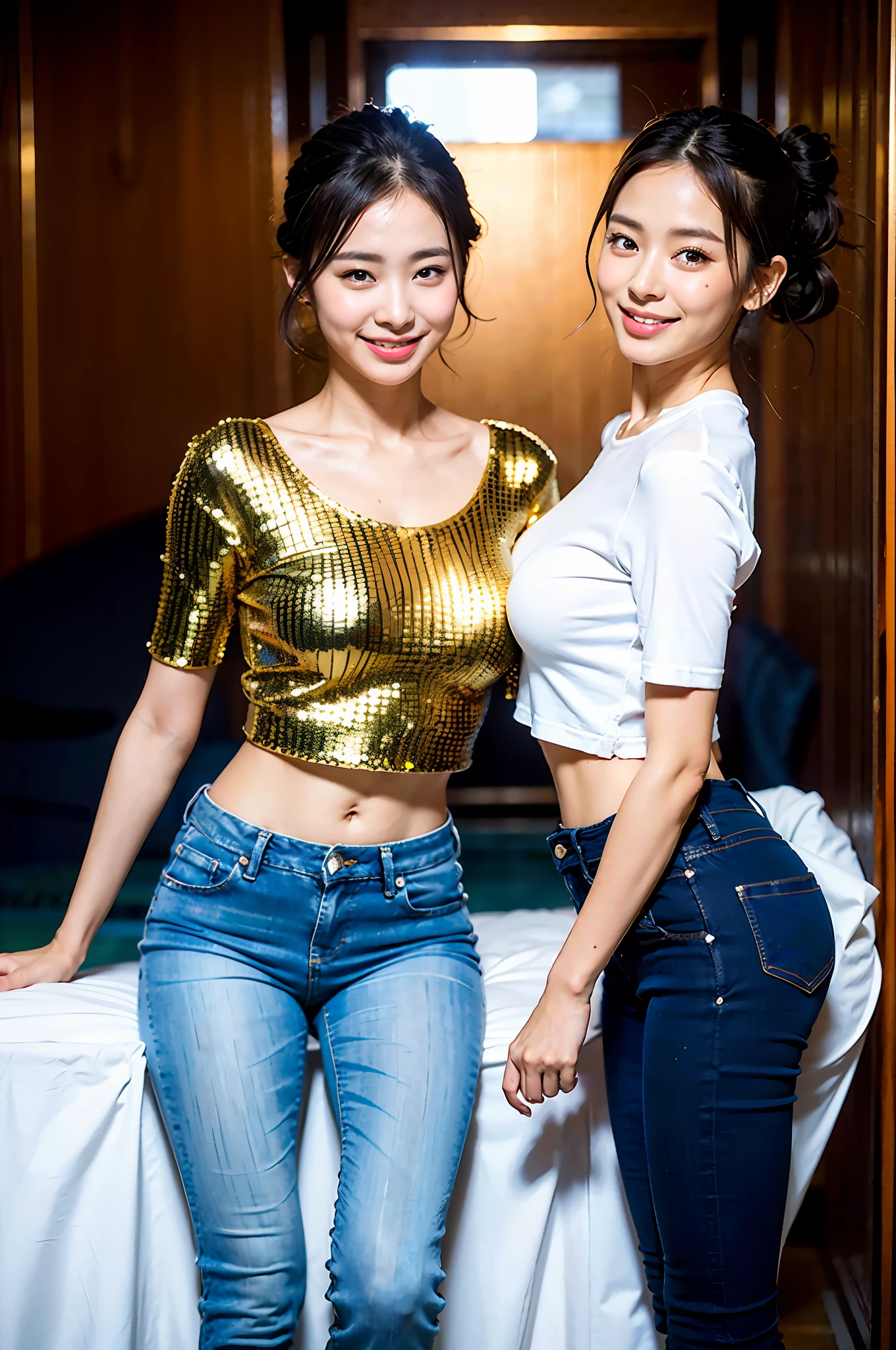 Two asian women posing for photos in bed, wearing tight simple clothes, Wet clothes: 1.5, sheer transparency: 1.5, bare breasts and 1.5, alaina and lilia, Two girls, Sexy pose, intimate seductive pose, Half , , Realistic, realistic realistic, 16K HD, Masterpiece: 1.5, Focus: 1.8, Arabian woman，Crop tops，Skinny long jeans and sheer short sleeves, (Background: 1.5 (luxury villa, large pool)), cute schoolgirl with slim and perfect figure, (fashion high ponytail hairstyle: 1.5), Japanese 18 year old girl wearing tight long jeans and long tight jeans (Low-rise crop top，It has a microhorn shape, trousers: 1.5), (tear: 0.6), (branded jeans: 1.5, realistic detailed jeans texture and stripes: 0.8, realistic details jeans grain: 0.8), wearing stylish sheer tight short sleeves, Sheer top (brand: 1.5, Slim, realistic viewing angle: 1.5, Transparent: 1.5, bare breasts and areola: 1.5), wearing stiletto heels (delicate stiletto heels crystal band sandals, High quality: 1.2), hyper realistic schoolgirl, dressed as schoolgirl, hyper realistic schoolgirl, Realistic schoolgirl, schoolgirl pose, model poses, photograph full body ((full bodyesbian: 1.8)), Beautiful skin, Glowing skin, slim beautiful thighs, perfect thighs, perfect calves, White tender toes, Beautiful breasts: 1.5, Beautiful breasts: 1.5, Beautiful buttocks: 1.5, buttocks: 0.7, Best quality, Fair skin, Real skin, (Detal Face), Goose egg face, pores, Super high resolution, (8K, RAW photo, Realistic: 1.4), 1 girl, Slim, (Smile, teeth and tongue: 1.2, blissful: 1.2), (Gloss on lips, eyeslashes, Glossy face, Best quality, Super high resolution, Wide lighting, naturalshadow), Sexy, Full body shooting: 1.8