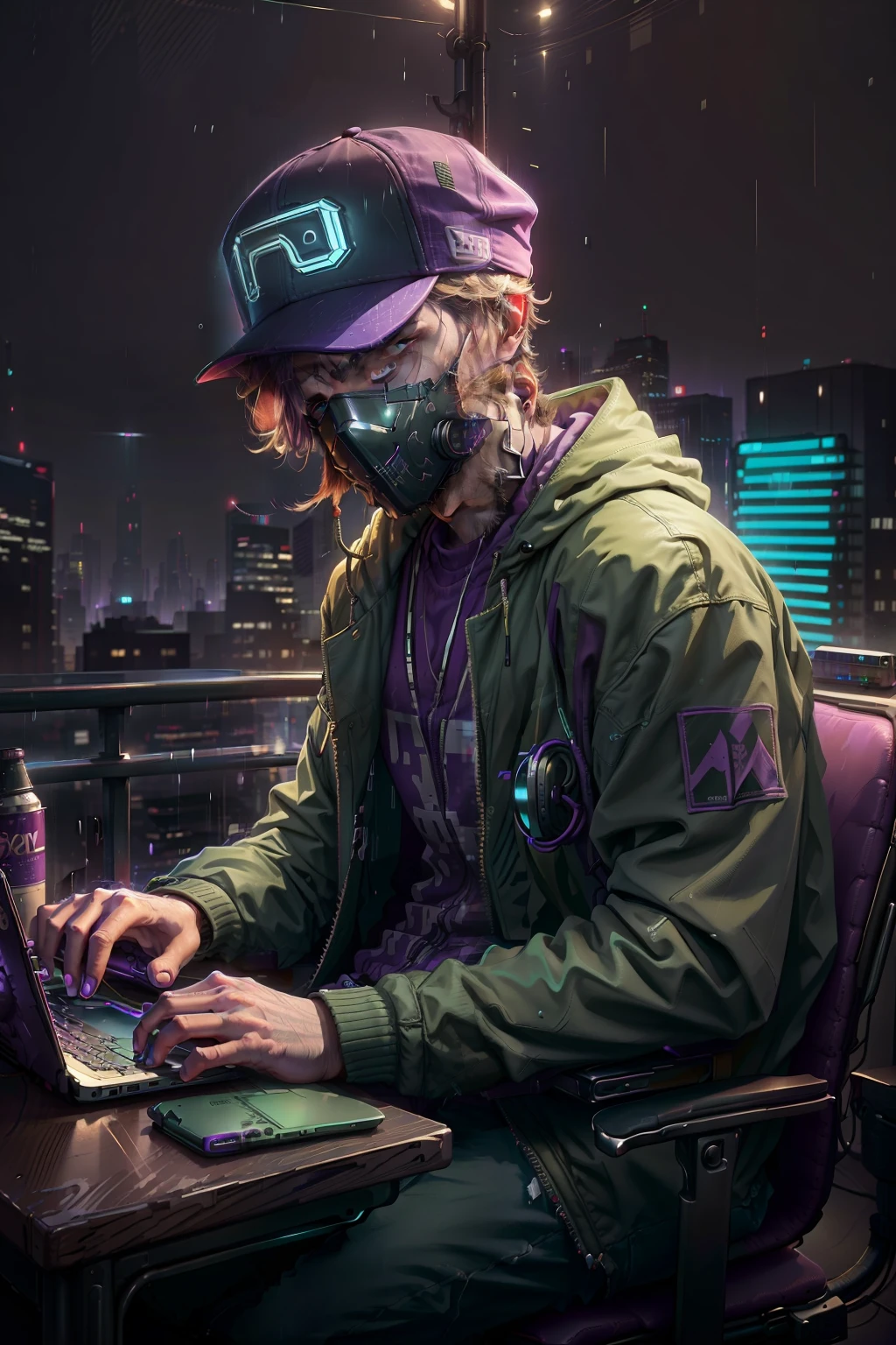 Portrait style , a man facing the camera wearing a mask and a cap sitting at a desk with a laptop and microphone, looking to the viewer  wearing a green jacket with patches and a purple baseball cap,
a desk with a laptop, a camera, a microphone, and a can of soda
a cityscape at night with rain falling and purple sky