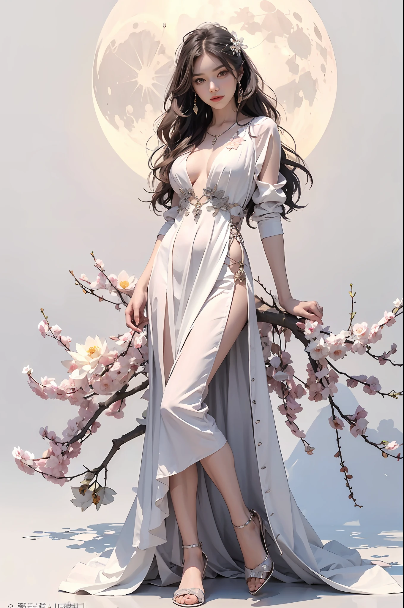A girl in a long dress,独奏,Absurd,with a pure white background, Moon, Lotus in bloom,long whitr hair,beauitful face,Elaborate Eyes,looking toward the viewer,Full body photo,7 points,tmasterpiece,HighestQuali,Works of masters,Impeccably clean,The best,Perfect lighting,