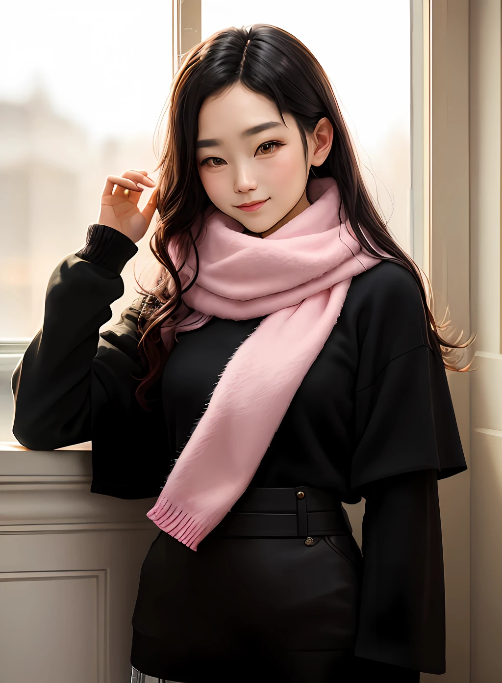 She wrapped her light pink sweater,A furry scarf is wrapped around his neck,It's warm and good to look at,Long black hair draped over his shoulders,The facial features are three-dimensional and beautiful,A pair of dark eyes when he laughed,Can bend into a crescent,It gives people a beautiful and clean feeling。
She also wore a short plaid skirt on her lower body,With white stockings,A pair of black cowhide shoes on his feet,It's a beautiful girl of youth。