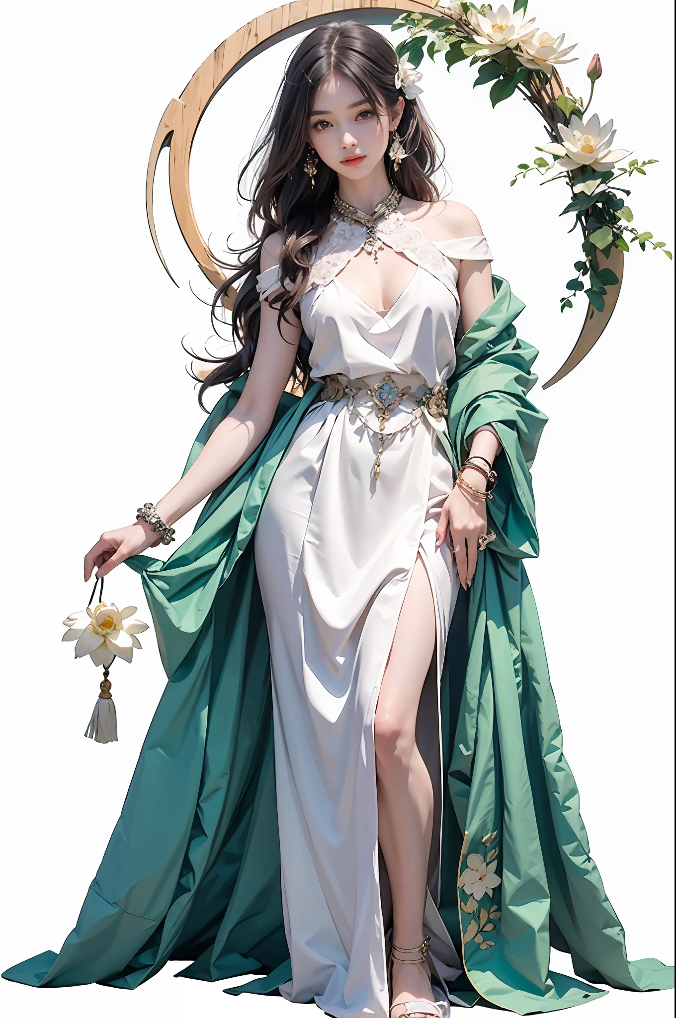A girl in a long dress，独奏，Absurd，with a pure white background, Moon, Lotus in bloom，long whitr hair，beauitful face，Elaborate Eyes，looking toward the viewer，Full body photo，7 points，tmasterpiece，HighestQuali，Works of masters，Impeccably clean，The best，Perfect lighting，