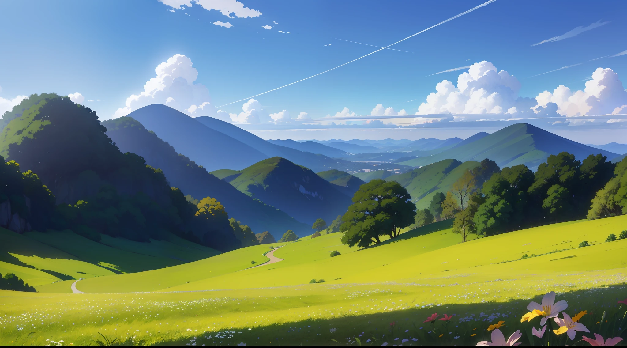 ((Paisagem)), pintura de um campo de margaridas brancas, (muitas flores), gramado verde, jardim de margaridas, margaridas em destaque no lado direito, with a blue sky background with white clouds, dia lindo, Vivid, no one, (sem desfoque), ( ( Makoto Shinkai ) ), studio glibly makoto shinkai, bela cena de anime, fundo do filme anime, Fundo do anime, anime bela cena de paz, Estilo Makoto Shinkai, arte de fundo do anime, Por Makoto Shinkai, Por Makoto Shinkai