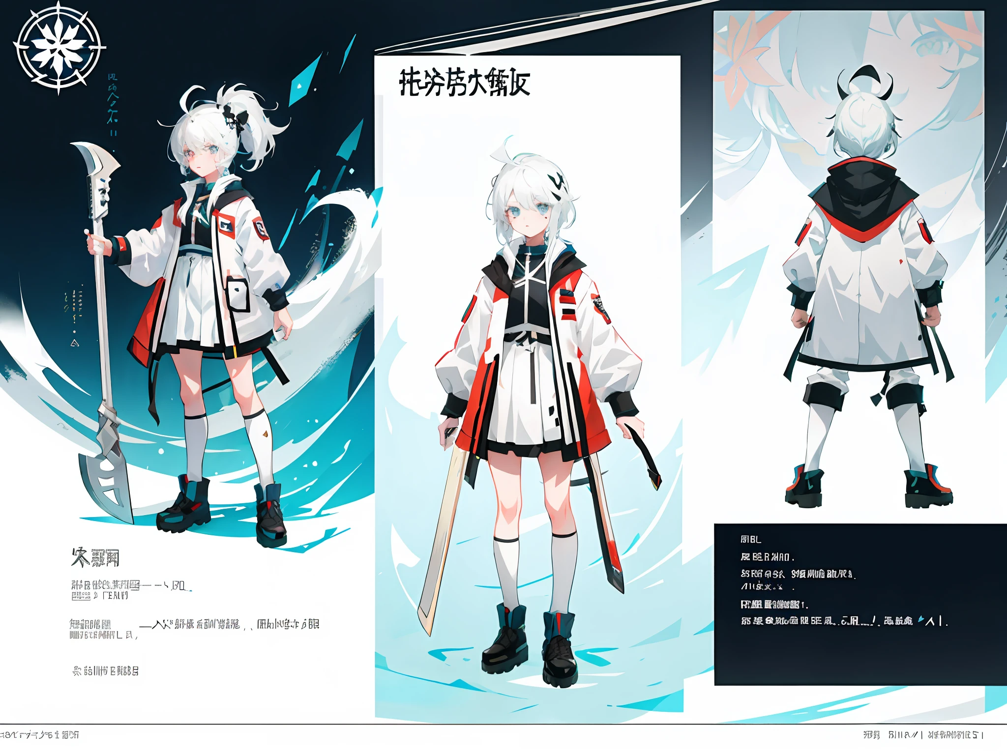 highr， White padded jacket，White color hair，White eyes，Long-handled axe，standing on your feet，Chinese girl design，Genshin detailed art，Anime character design，anime concept art，pretty anime character design，anime character reference sheet，[character  design]，