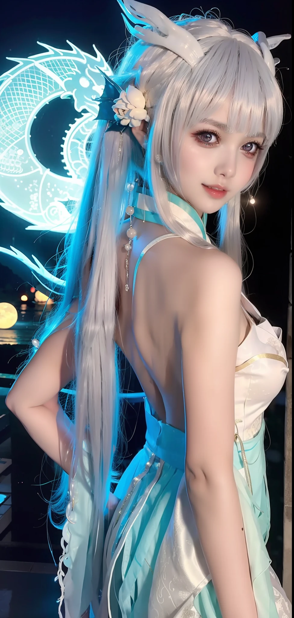 beautiful Girl,Bare back,back Lighting,There is a Chinese dragon tattoo on the back,Silver bracelet,Long hair shawl,River side,the night,Moon,Big eyes close-up,Upper body photo