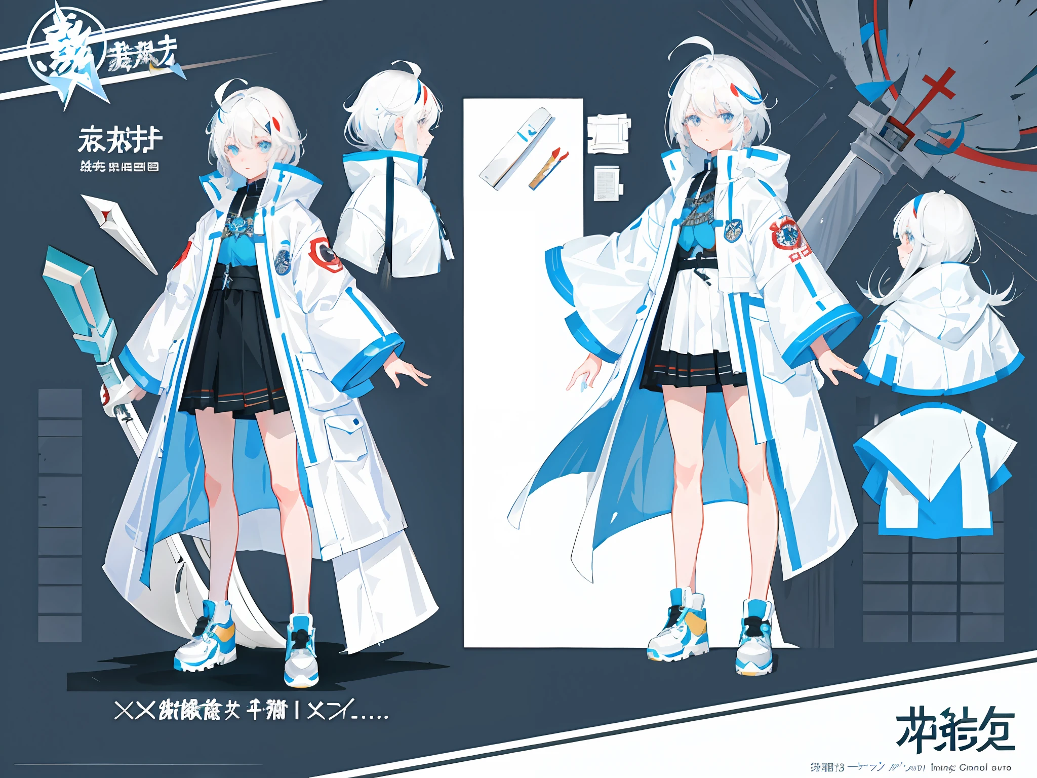 highr， White padded jacket，White color hair，White eyes，Long-handled axe，standing on your feet，Chinese girl design，Genshin detailed art，Anime character design，anime concept art，pretty anime character design，anime character reference sheet，[character  design]，