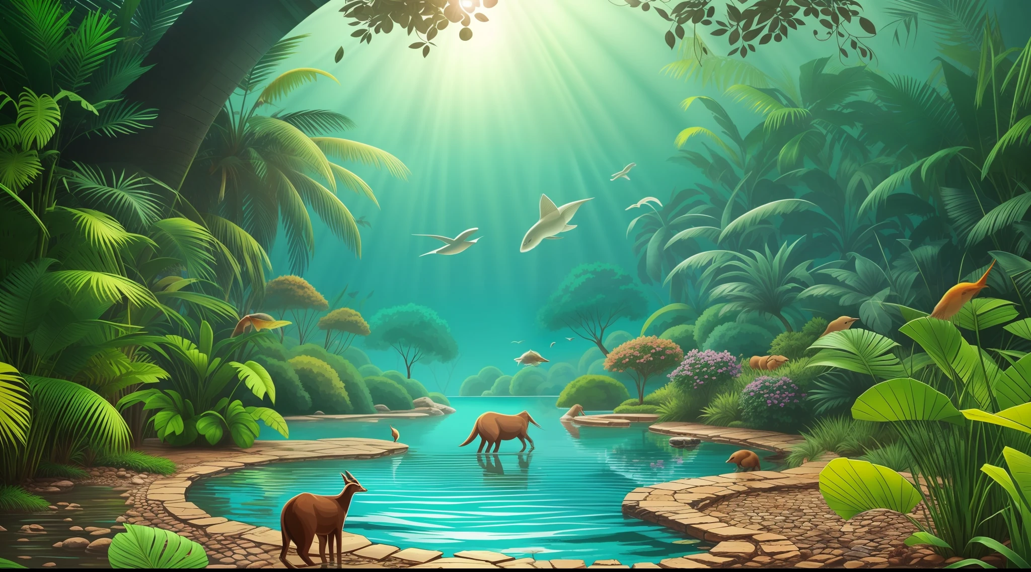 PAISAGEM COM ANIMAIS, PLANTAS, Water, TUDO QUE O CRIADOR FEZ QUANDO CRIOU O MUNDO