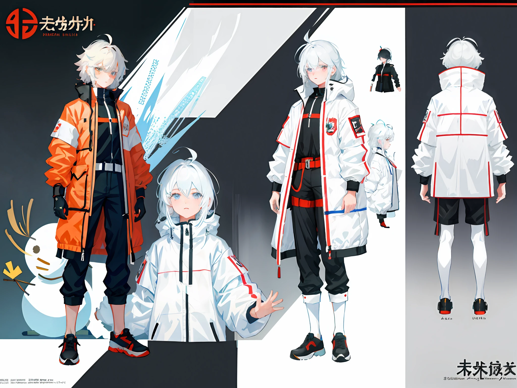 highr， Snowman padded jacket，White color hair，White eyes，standing on your feet，assault rifle，Chinese girl design，Genshin detailed art，Anime character design，anime concept art，pretty anime character design，anime character reference sheet，[character  design]，