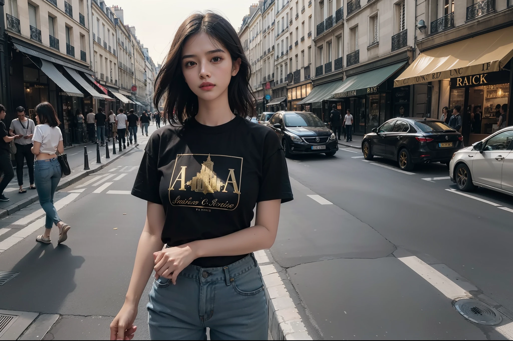 The busiest street in Paris，1 beautiful girl，Graceful posture，Natural expression，4K Ultra HD，Black short sleeves with lettering，Casual pants，hdr，Ray traching，Cinematic texture，Gold diagonal composition，Masterpiece，f/1.8 apertures，85MM FIXED