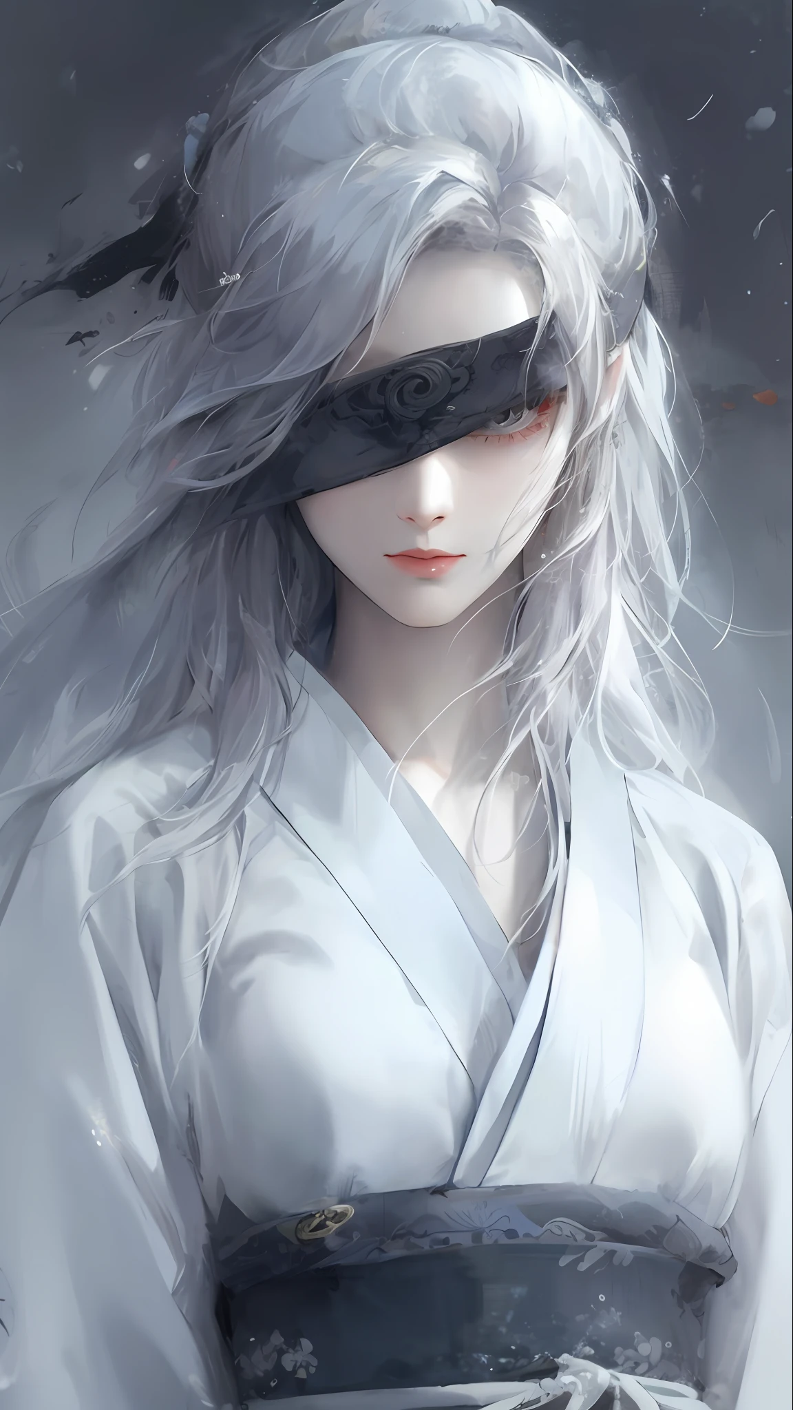 close-up of a woman with white hair and white mask,Belle peinture de personnage,Guvez style,white-haired god,Yang J,Epic and beautiful character art,Stunning character art,FAN Qi,Wu Zhun Shifan,A swordsman in the style of Guvez