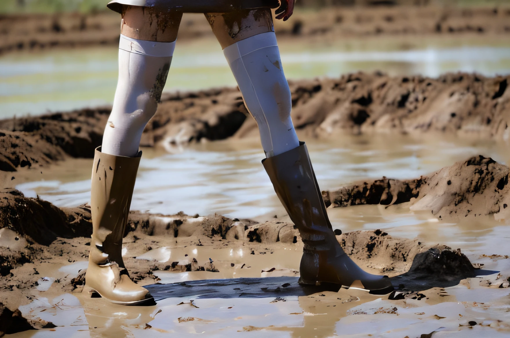 Female lawyer in the mud Wet mud, Covered in mud, mud ground, Wearing a white suit,Short skirt stockings， uhd candid photo of dirty, flying mud, dirty and sweaty, Dirty, Wearing sweat，Dirty, tar pit,