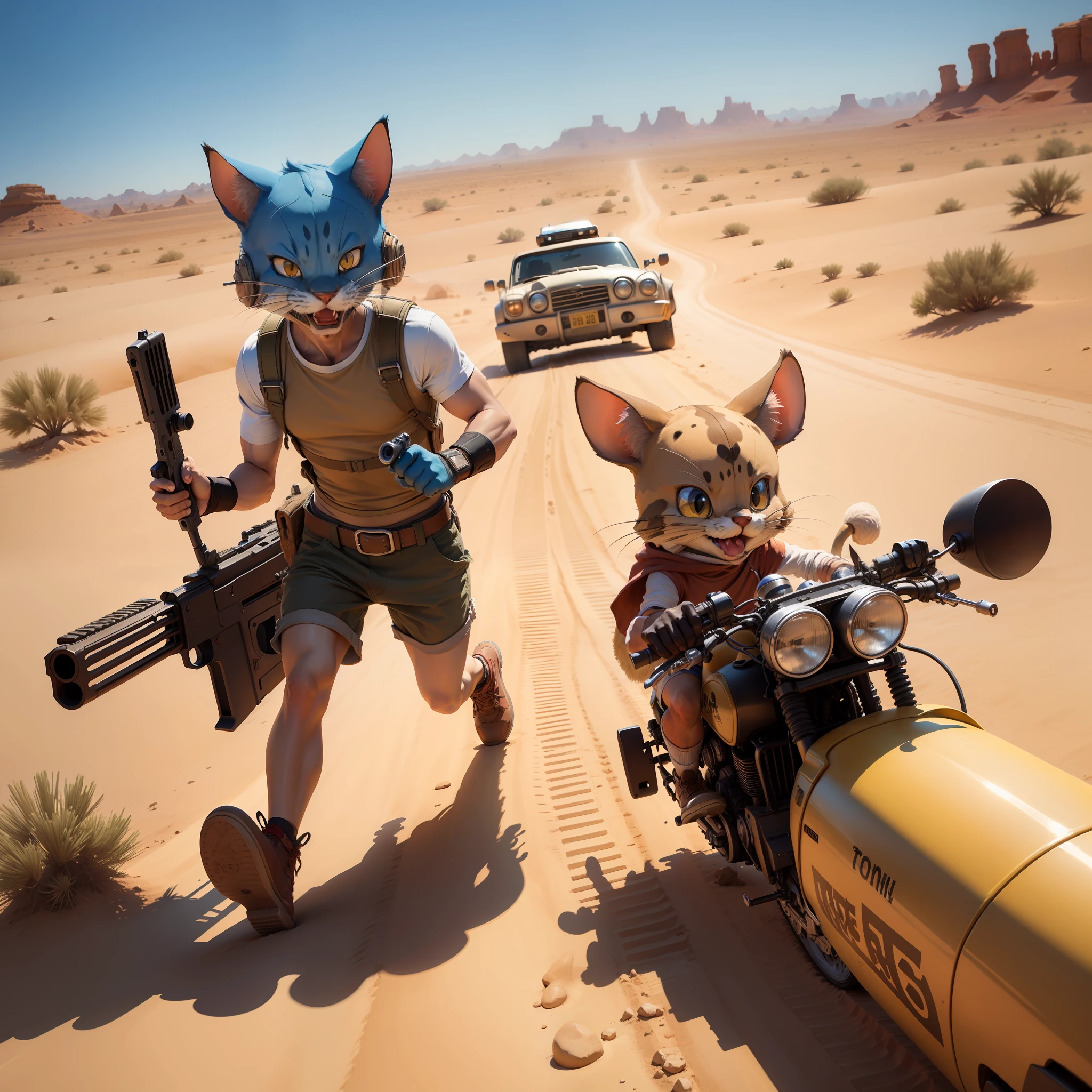 Tom and Jerry running in the desert with guns