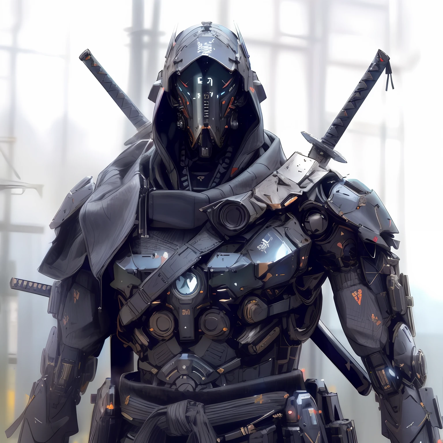 arafed man in a gas mask and hood with two swords, mystical post apocalyptic cyborg, warrior in sci-fi armour, cyborg ninja, celtic and cyberpunk armor, fantasy style 8 k octane render, clothed in sci-fi military armor, fantasy warrior in full armor, fantasy character octane render, cyberpunk samurai, unreal engine character art, cyberpunk soldier, futuristic soldier