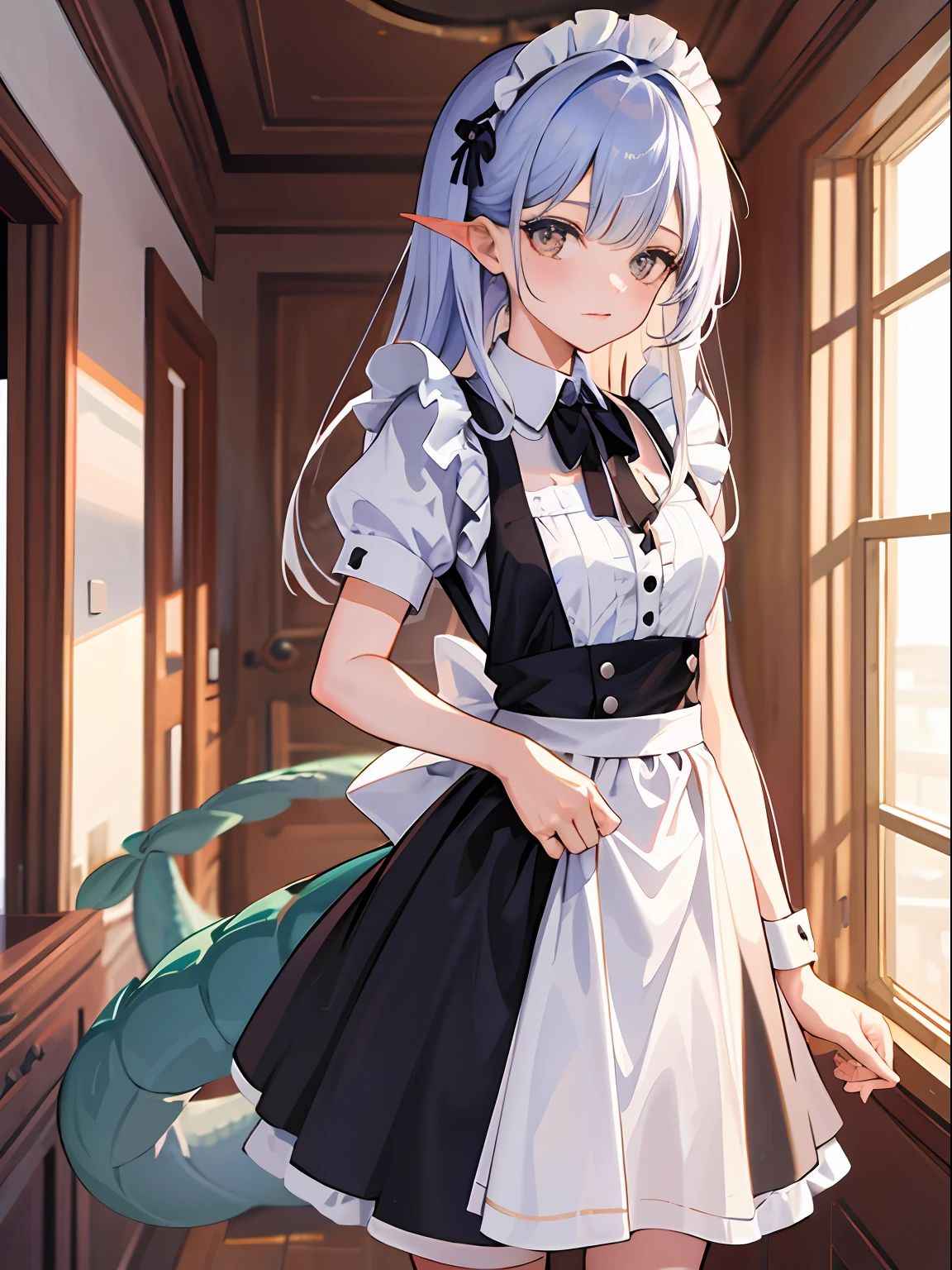 1girll,End,the maid outfit,inside in room,Put your hands behind your back,The dragon's tail sticks out from under the skirt,long whitr hair