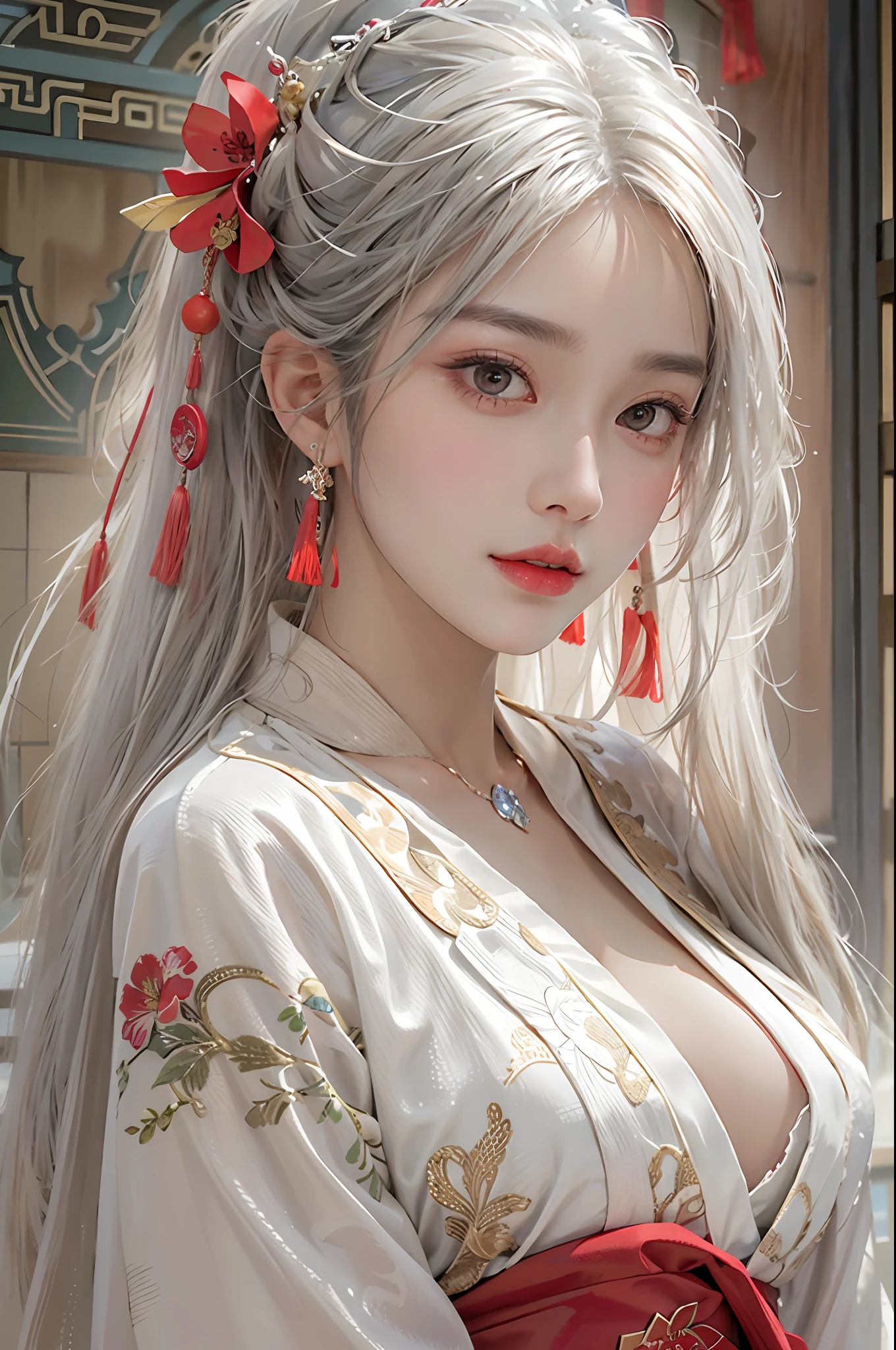 photorealistic, high resolution, soft lights, 1women, shiny skin, finely detailed skin, solo, hips up, look at viewer, (detailed face), white hair, long hair, red chinese wedding hanfu