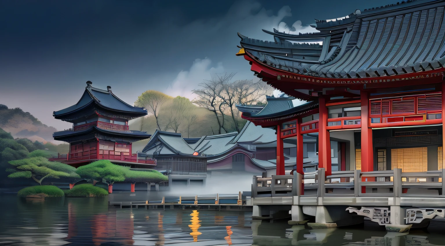 There is a painting of Japanese style architecture，There is a bridge over the pond, Detailed painting 4 K, digital painting of a pagoda, Detailed scenery —width 672, Beautiful digital artwork, 8K high quality detailed art, Beautiful art UHD 4 K, japanese town, Beautiful rendering of the Tang Dynasty, highly detailed digital painting, very detailed digital painting, dreamy Chinese towns