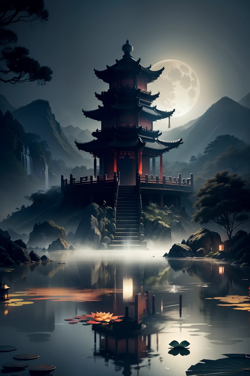 scenery,hell, Hellbringers,Chinese martial arts style,Asian night view with lanterns and water lilies,Asian pond with many lanterns and boats for a night view,There are many lights and boats in the water, Lake surface, lotuses,beautiful night scene,(((Chinese martial arts style))), with vast sky, Continuous mountains and steep cliffs, ink wash style, outline light, Atmospheric atmosphere, Depth of field, mist rising, Bamboo, pines, Octagonal stone pavilion, waterfall flowing water,large full moon,(No color) , monochrome, Light color,dispersion, Rainbow,