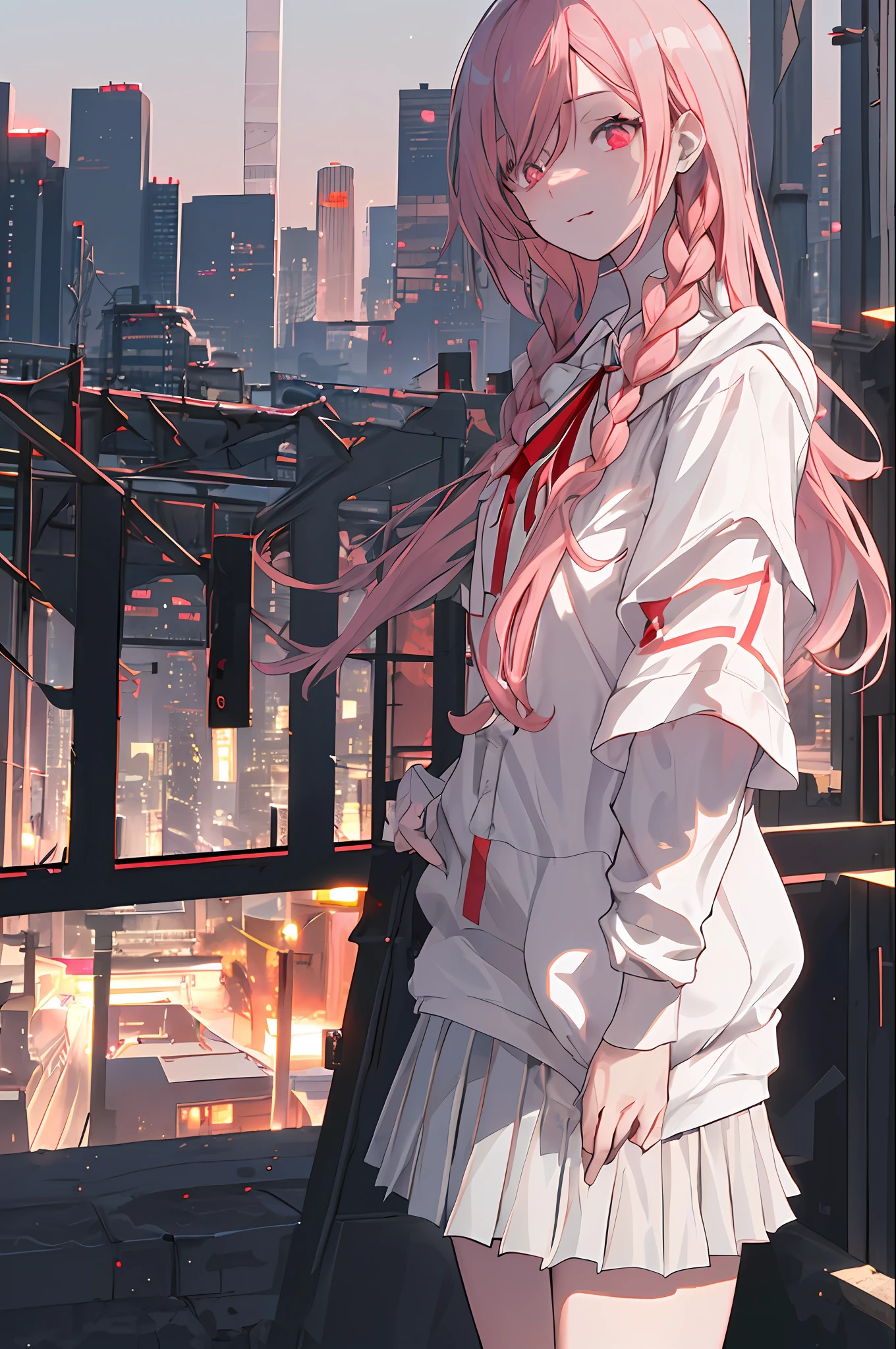 1girl in, Solo, Lori, Petite, (very_long_hair), (Pink_hair:1.2), Braids, (Red_Eyes), Medium_breasts, (white_Shirt:1.5), (windbreaker), (Off_Shoulder:1.2), (Portrait), blazing_Eyes, Background_light, (Cityscape:1.5), (Pleated skirt)(neons_A light:1.2), (scienc), Cyberpunk, ((masutepiece)), (hight resolution), (best_quality), (highly_Detailed), (Original),(Delicate background),(Very detailed 8k wallpaper),Cinematic lighting, Volume Lighting, light Particle, Shaded_Face, Beautiful_Detailed_Eyes, Depth_in the_field, Perspective,(hoods:1.5),