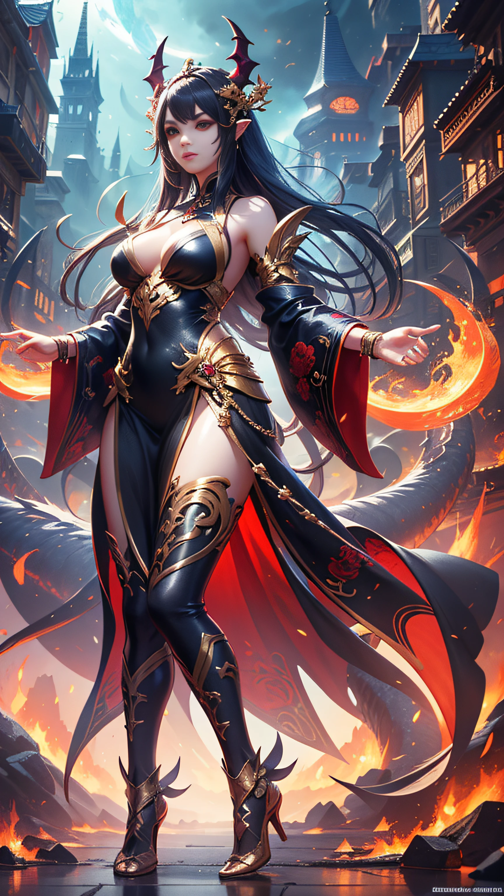 Super beautiful big shining eyes、Woman in red dress standing in front of fire, by Yang J, Dragon Girl, 8k high quality detailed art, digital fantasy art ), Trending on CGSTATION, beautiful elegant demon queen, Fantasy Art Style, 2. 5 d cgi anime fantasy artwork, chinese fantasy, epic fantasy art style hd, epic exquisite character art, fanart best artstation